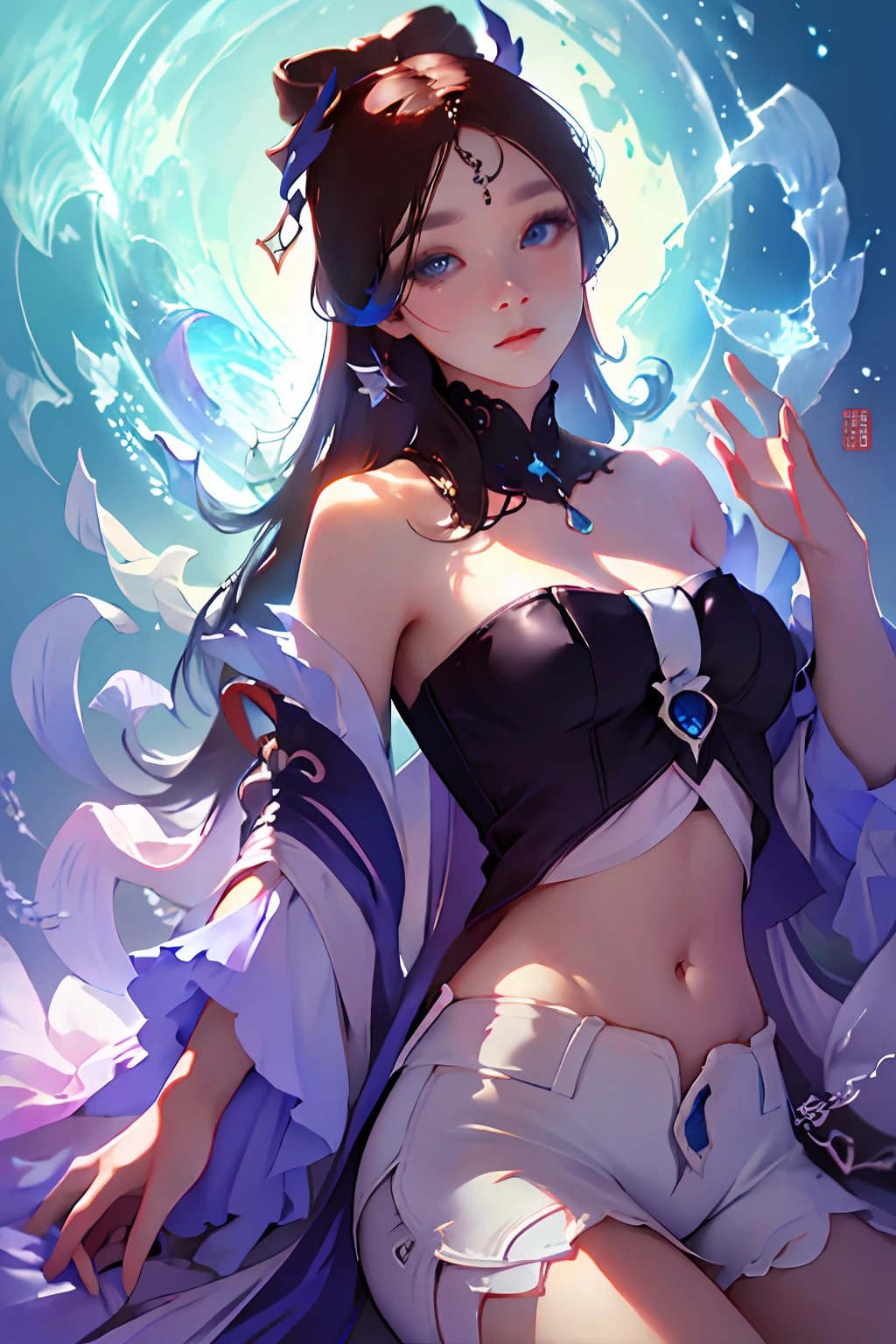 masterpiece, best quality, 1girl, aqua eyes, black hair, closed mouth, multicolored background, looking at viewer, outdoors, solo, upper body, alluring, clean, beautiful face, pure face, pale skin, sexy pose,((tube top, off shoulder, navel, shorts)), long hair, ((perfect female figure)), mature female, milf, narrow waist, chinese deity, seductive, highly detailed,best quality, masterpiece, highres, original, extremely detailed 8K wallpaper,masterpiece, best quality, illustration, beautifully detailed eyes, cinematic lighting,