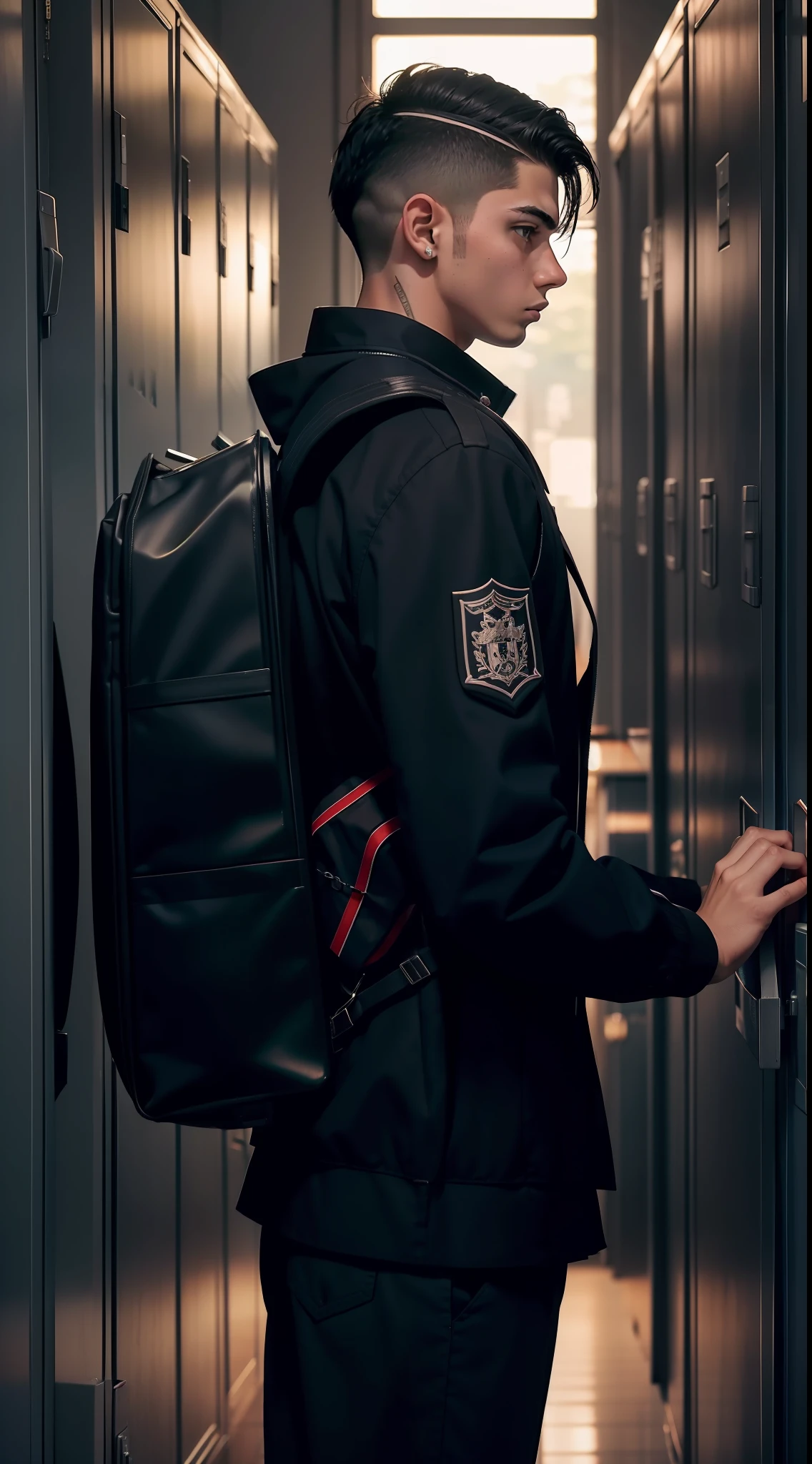 School boy 18 anos, Looking at the school locker, andexpression of fear, side view, terror, estilo assustado, dark, 8k, maximum detailed, alta qualidade