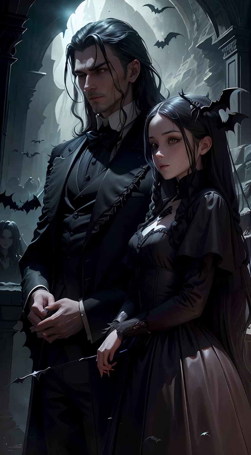 Close-up of two vampires，Stay in a magnificent cave，（The female vampire inside the cave faces the audience:1.2），（Male vampire inside cave facing audience:1.2），(There are flying bats in the sky:1.2)，(Old European castle architectural style)，（Moonlight shines through the clouds），（The picture presents a mysterious and obscure gray tone），（tmasterpiece），（Best picture quality），（Very detailed and uniform picture），（8k wallpaper），（Tyndall effect），（light and shadow effect），（Obvious layering），（Unreal 5），The creation is inspired by movies《Vampire Dracula》