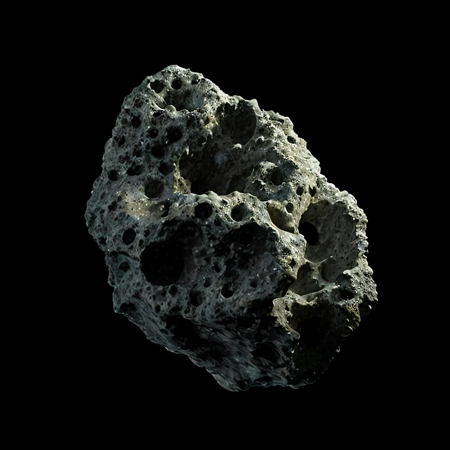 a close up of a rock with holes in it on a black background, asteroids realistic cinematic, highly realistic photo realistic, insanely detailed octane render, metallic asteroid, cgsociety uhd 4k highly detailed, tooth wu : : quixel megascans, meteorite, highly detailed cgsociety, procedural rendering, strong subsurface scattering