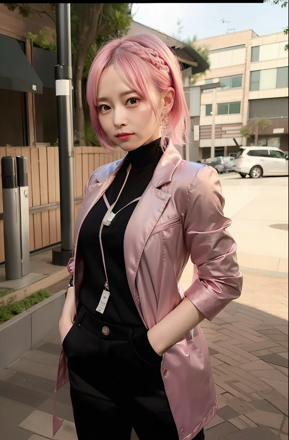 A woman named Sakura Haruno, wearing a black shirt, pink jacket, black pants with a mark on her forehead, is standing , green eyed short busty pink hair with hands in pockets in realistic 4k 8k hd photo quality 70mm