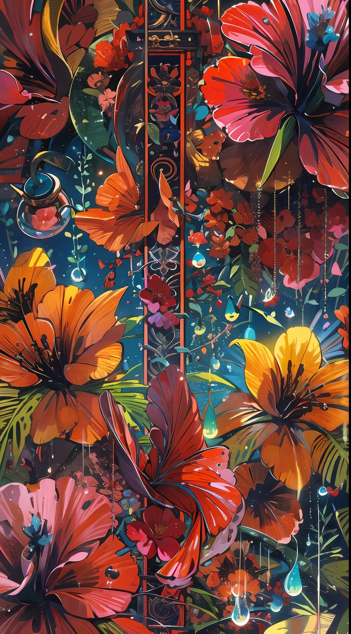 hibiscus Moon with water drops,neon glow, random background, sun rise, bokha mood