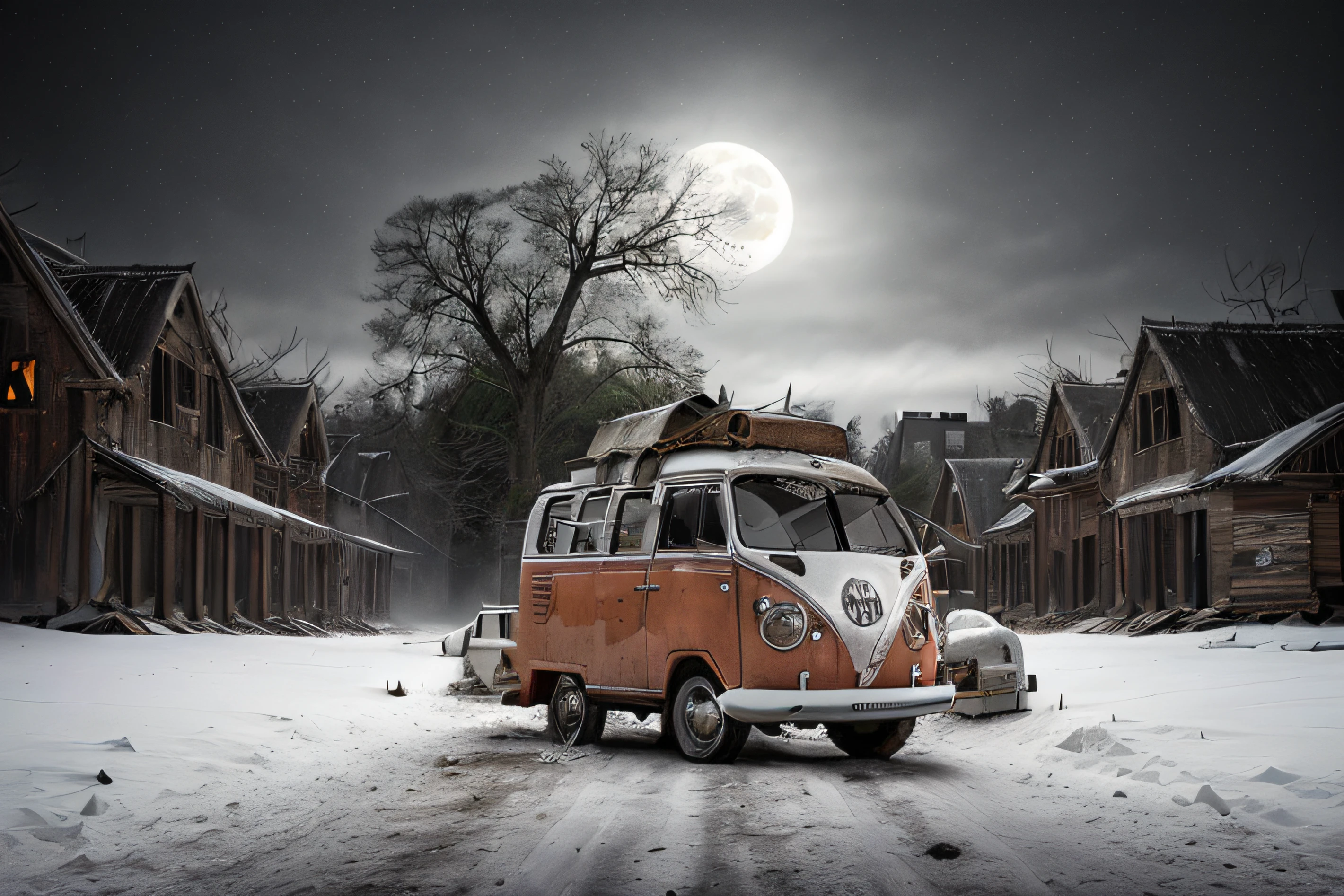 analog gloomy photo of an (orange) volkswagen kombi,  ((haunted house:1.0)), (walking dead:1.0), zombie apocalypse, (abandoned town at (midnight)), (full moon), (winter), (snow), ((horror movie)), ((nighttime)), lost in the wood, ruins, dilapidated buildings, High Detail, Sharp focus, (photorealism), realistic, best quality, 8k, award winning, dramatic lighting, epic, cinematic, masterpiece, rim light, ambient fog:1.5, dutch angle, in a middlr ov=f a flowers field