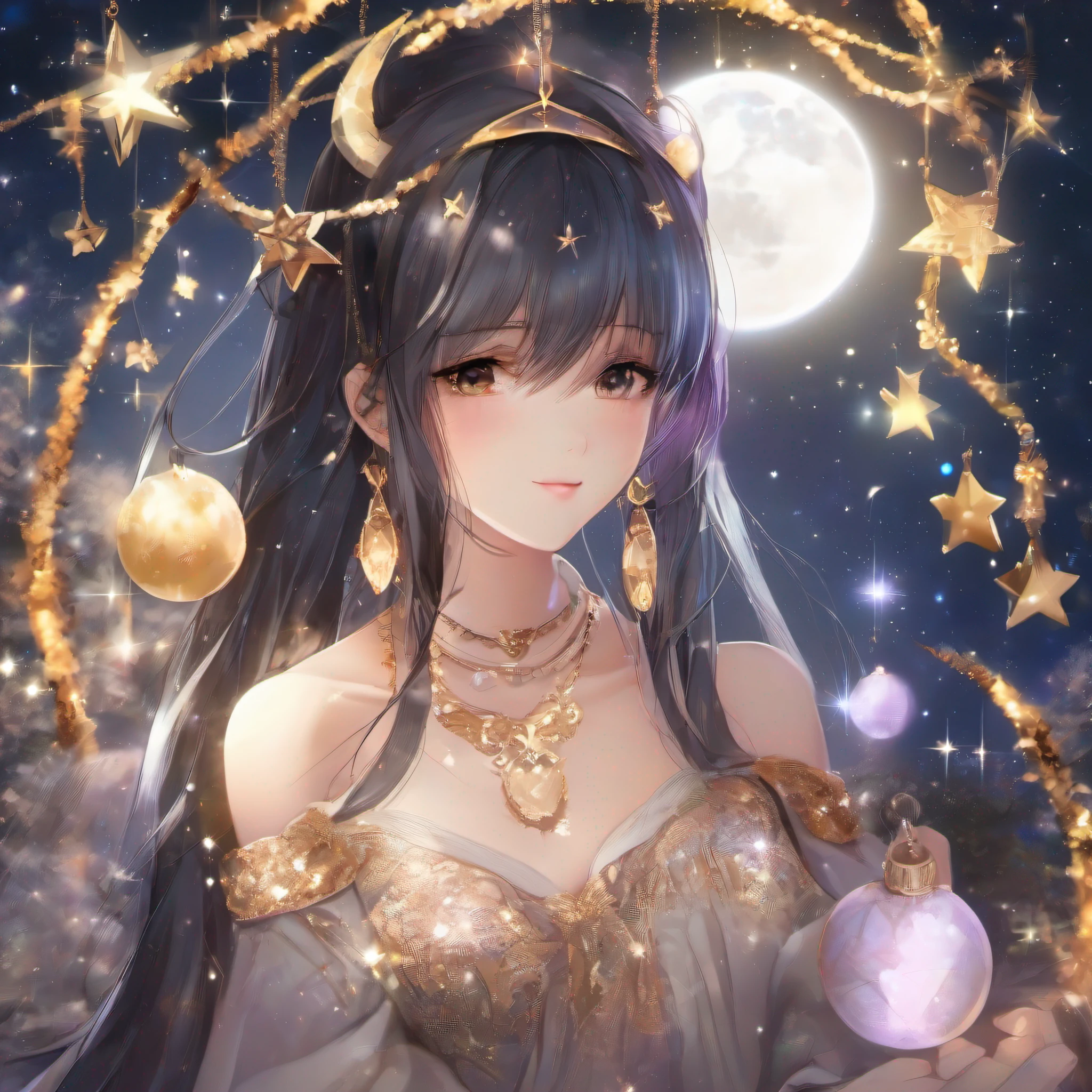 1girl,animal_ears,aurora,bare_shoulders,black_hair,brown_eyes,christmas_tree,constellation,crescent,crescent_moon,crown,detached_sleeves,earrings,earth_(planet),erune,fox_ears,fox_tail,galaxy,globe,jewelry,long_hair,milky_way,mole,moon,night,night_sky,off_shoulder,open_mouth,planet,saint_quartz_(fate),shooting_star,sky,solo,space,star_(sky),star_(symbol),star_earrings,star_hair_ornament,star_pasties,star_print,starfish,starry_background,starry_sky,starry_sky_print,tanabata,tanzaku,very_long_hair,wide_sleeves