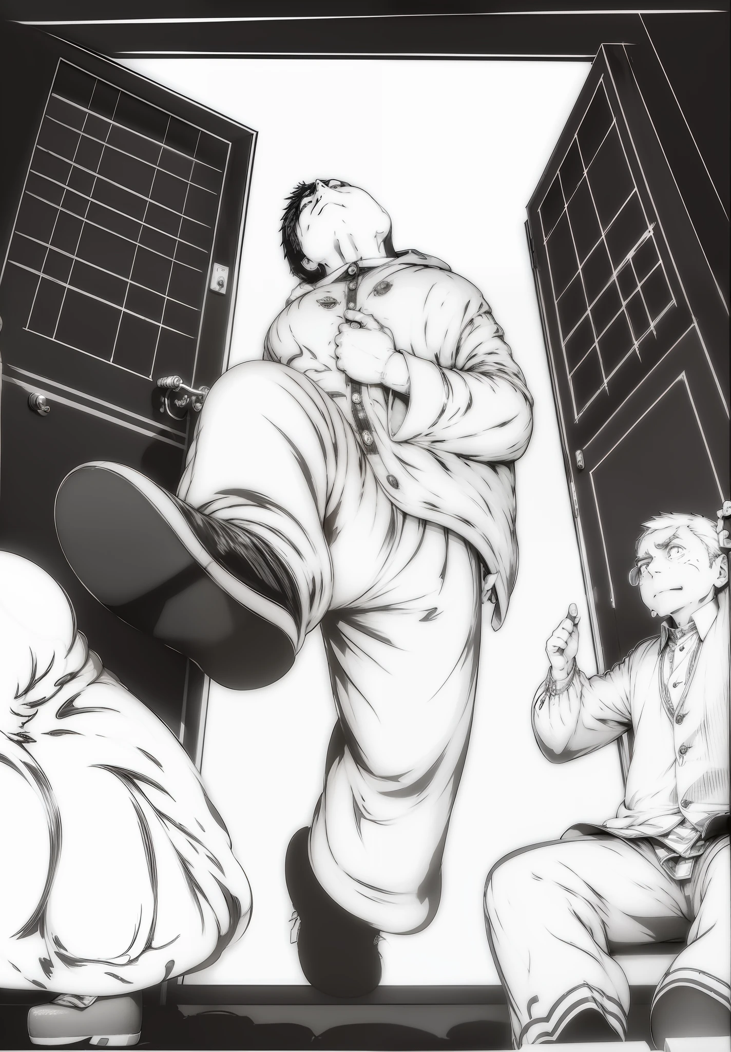 A man walked in the door with a proud and contented expression,The two men sitting by the door both looked at the man in the middle,expression surprised