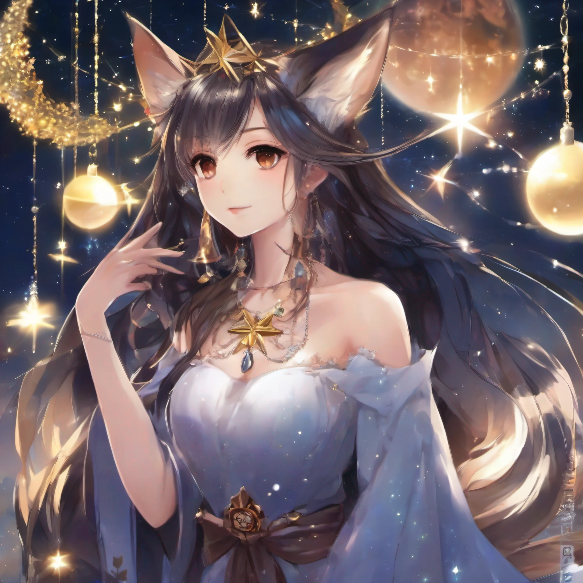 1girl,animal_ears,aurora,bare_shoulders,black_hair,brown_eyes,christmas_tree,constellation,crescent,crescent_moon,crown,detached_sleeves,earrings,earth_(planet),erune,fox_ears,fox_tail,galaxy,globe,jewelry,long_hair,milky_way,mole,moon,night,night_sky,off_shoulder,open_mouth,planet,saint_quartz_(fate),shooting_star,sky,solo,space,star_(sky),star_(symbol),star_earrings,star_hair_ornament,star_pasties,star_print,starfish,starry_background,starry_sky,starry_sky_print,tanabata,tanzaku,very_long_hair,wide_sleeves