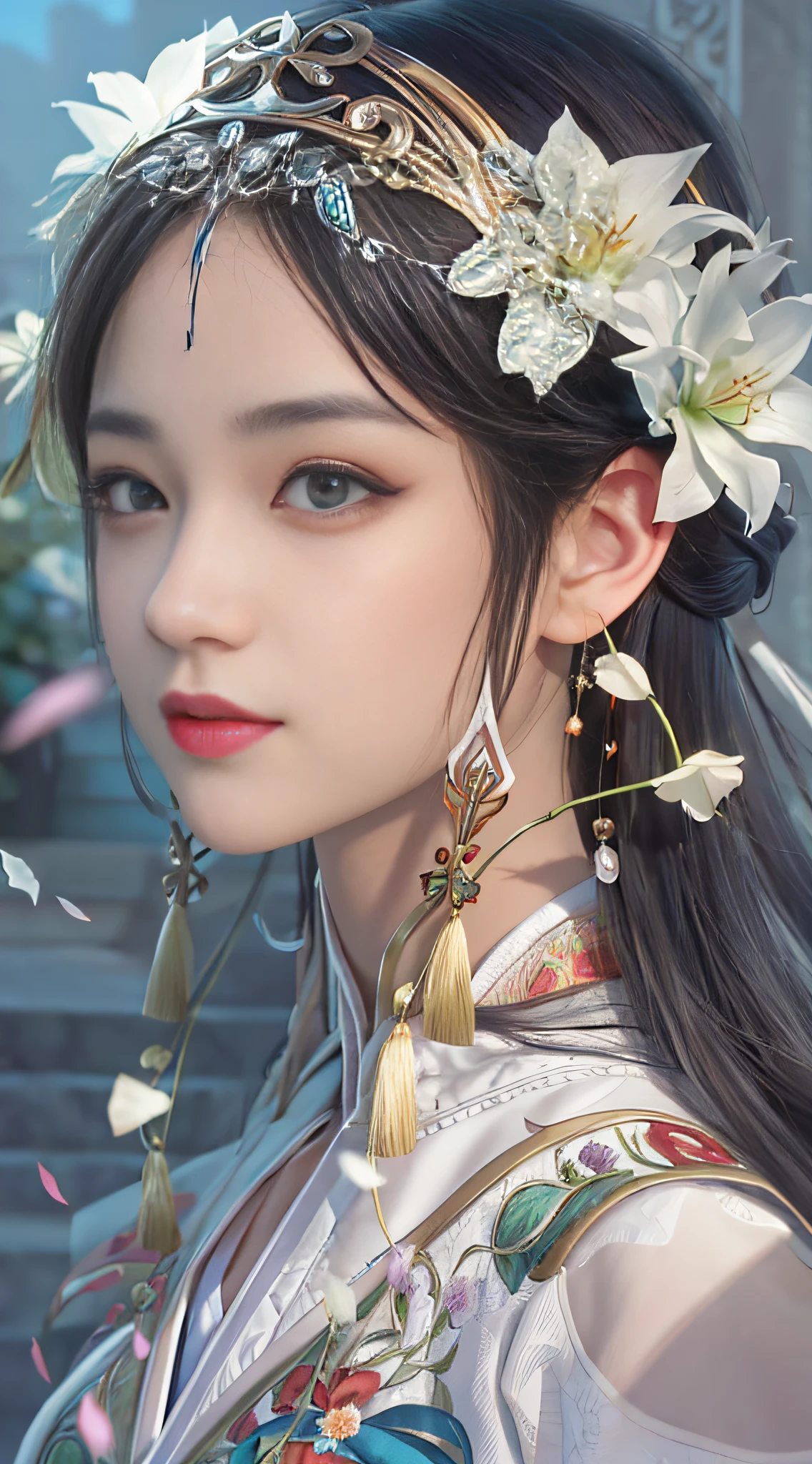 a close up of a woman with a flower in her hair, Guviz-style artwork, Guviz, Palace ， A girl in Hanfu, guweiz masterpiece, trending on cgstation, WLOP Art, Guweiz on ArtStation Pixiv, Guweiz in Pixiv ArtStation, Inspired by Lan Ying
