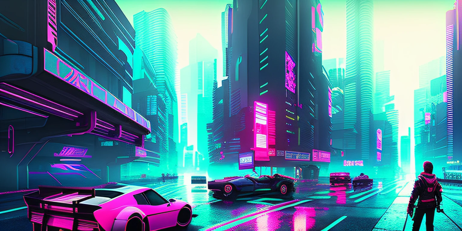 Close up of car on city street on neon background, Cyberpunk art style, cyberpunk garage on jupiter, cyberpunk atmosphere, Cyberpunk vibe, dreamy colorful cyberpunk colors, cyberpunk aesthetics, cyberpunk theme art, cyberpunk vibrant colors, cyberpunk aesthetics, cyberpunk shading, cyberpunk artstyle, Cyberpunk Street, Aesthetic cyberpunk, Cyberpunk art of a, muted cyberpunk style, cyberpunk anime art,cyber punk style,The background details of cyberpunk should be rich,Gorgeous background,Synthetic vintage neon,There are large spaceships,Cool sports car,A cyborg sexy girl with a heavy weapon,The girl is located on the right side of the picture,There are also many oddly shaped weapons on the sports car