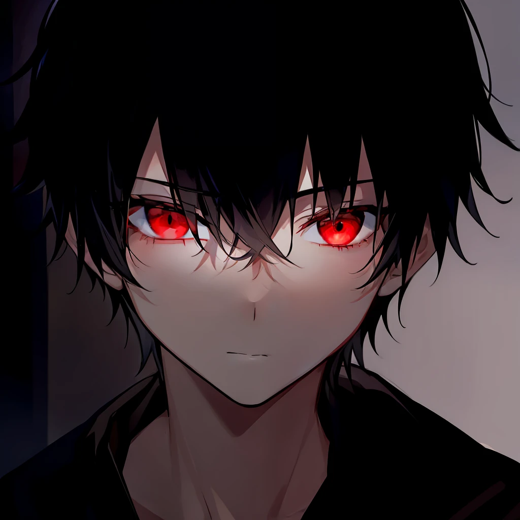 1 boy, black hair,  red eyes