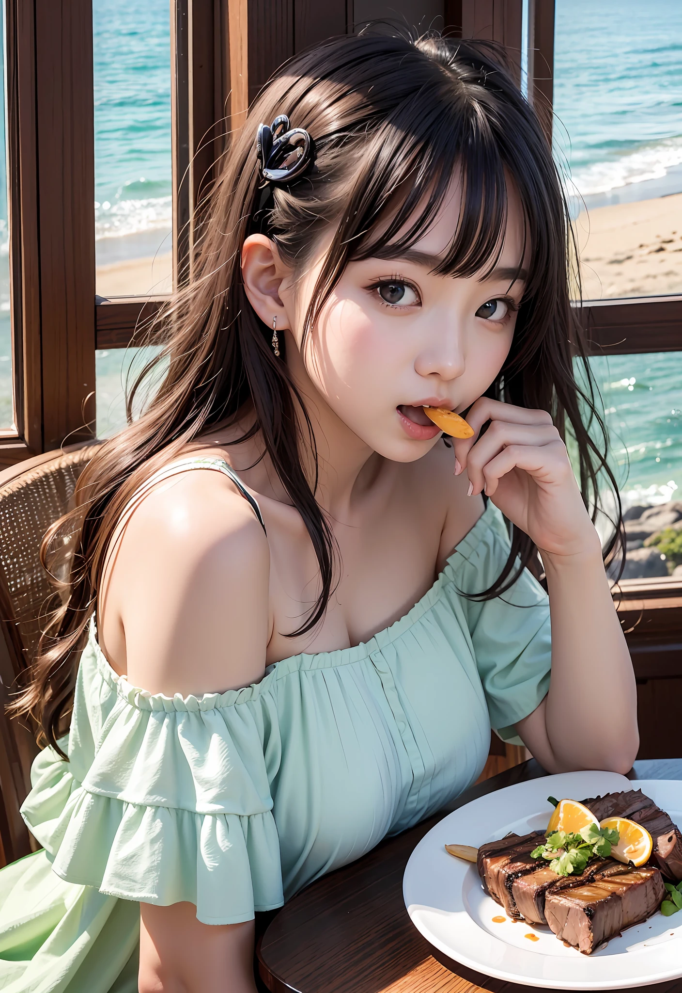 8K、Top image quality、masterpiece、夏天、25-years old、(1 adult female)、Off-the-shoulder dresses、Eating moments、by the window、ocean view、Eat steak、Eat with your mouth wide open、Eyes shine deliciously、(Expressions that you can enjoy to the fullest)