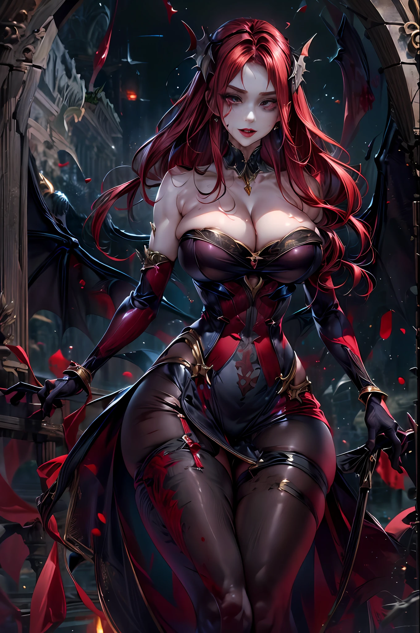 official art, masterpiece, sharp focus, Beautiful women, vampires, blood, big boobs, slim body, long legs, black hai, high details, ultra high details, moon background ,DemonicT,
