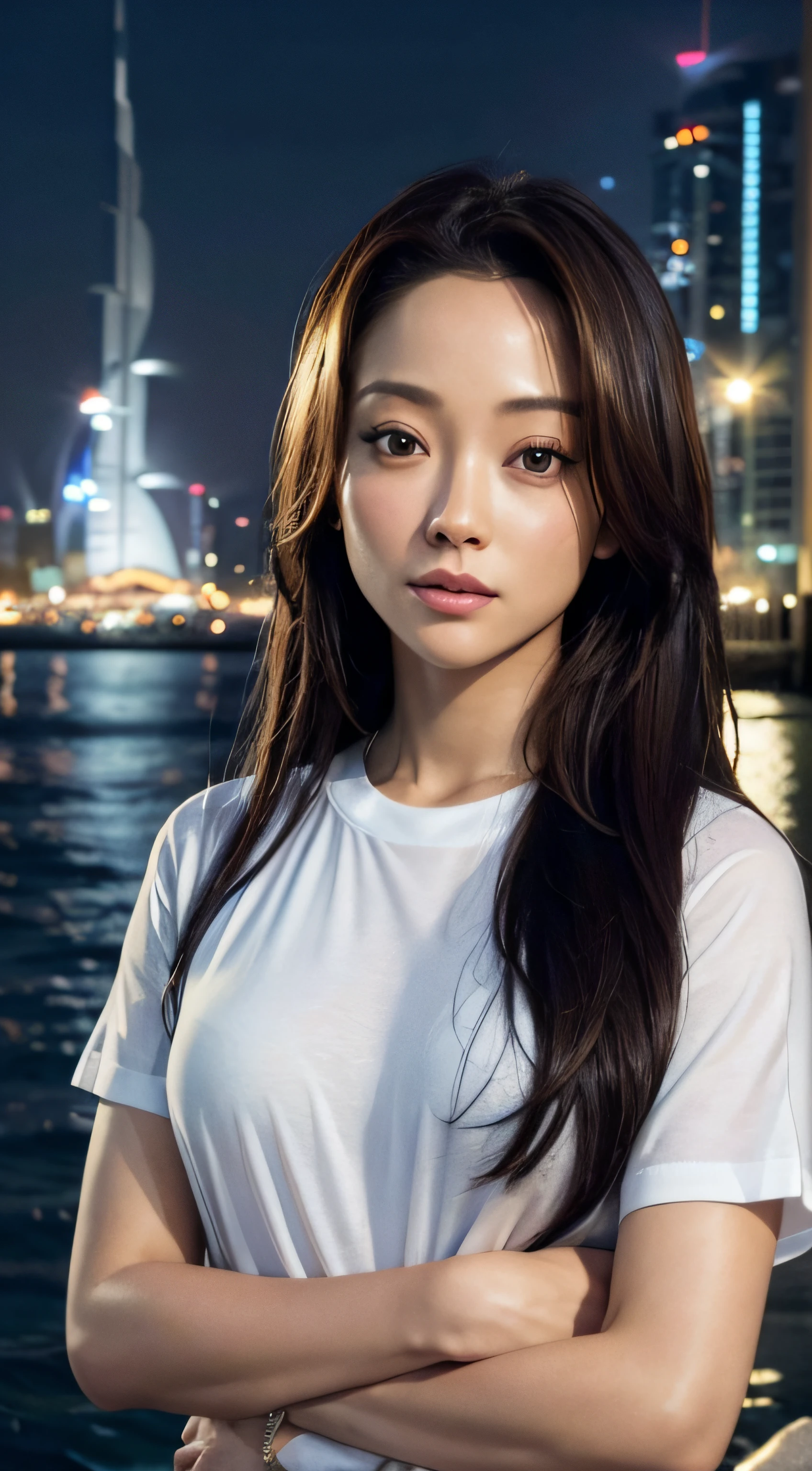 doress、(Photorealsitic:1.4)、(hyper realisitic:1.4)、(realisitic:1.3)、(Smooth lighting:1.05)、(Improved lighting quality in movies:0.9)、32K、1girl in、20 years girl、Realistic lighting、Back lighting、Facial light、raytrace、(brightened light:1.2)、(enhanced quality:1.4)、(Top quality real texture skins:1.4)、finely eye、finerly detailed face、Fine quality eye、(Tired, sleepy and satisfied:0.0)、 close up of face、tshirts、(enhance body line mood:1.1)、(Increase the beauty of skin texture:1.1)、((Aya Ueto))、the beach、swim wears、Dubai、harbour、nighttime scene