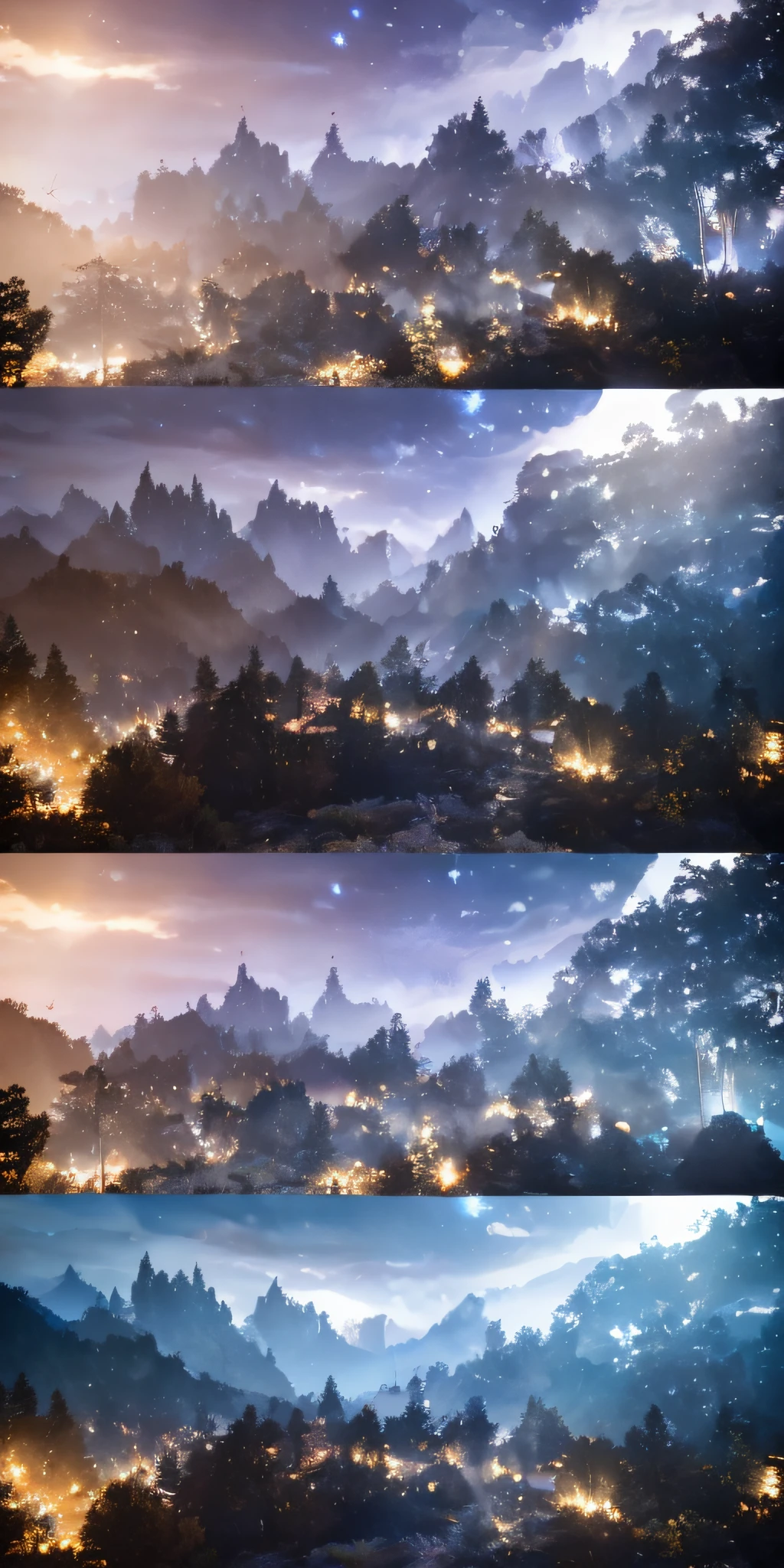 Illustration of a hyperrealistic , otherworldly, ultrasky scene featuring a giant crystal tree full body,very detailed and magical lighting, intricate forest details, vegetation and river around, solarpunk ,landscape, giant tree, beatifull leafy with beautiful lighting and realistic proportions, as if it were a cinematic background, 8k, highest quality, masterpiece, clouds and stars in the sky.