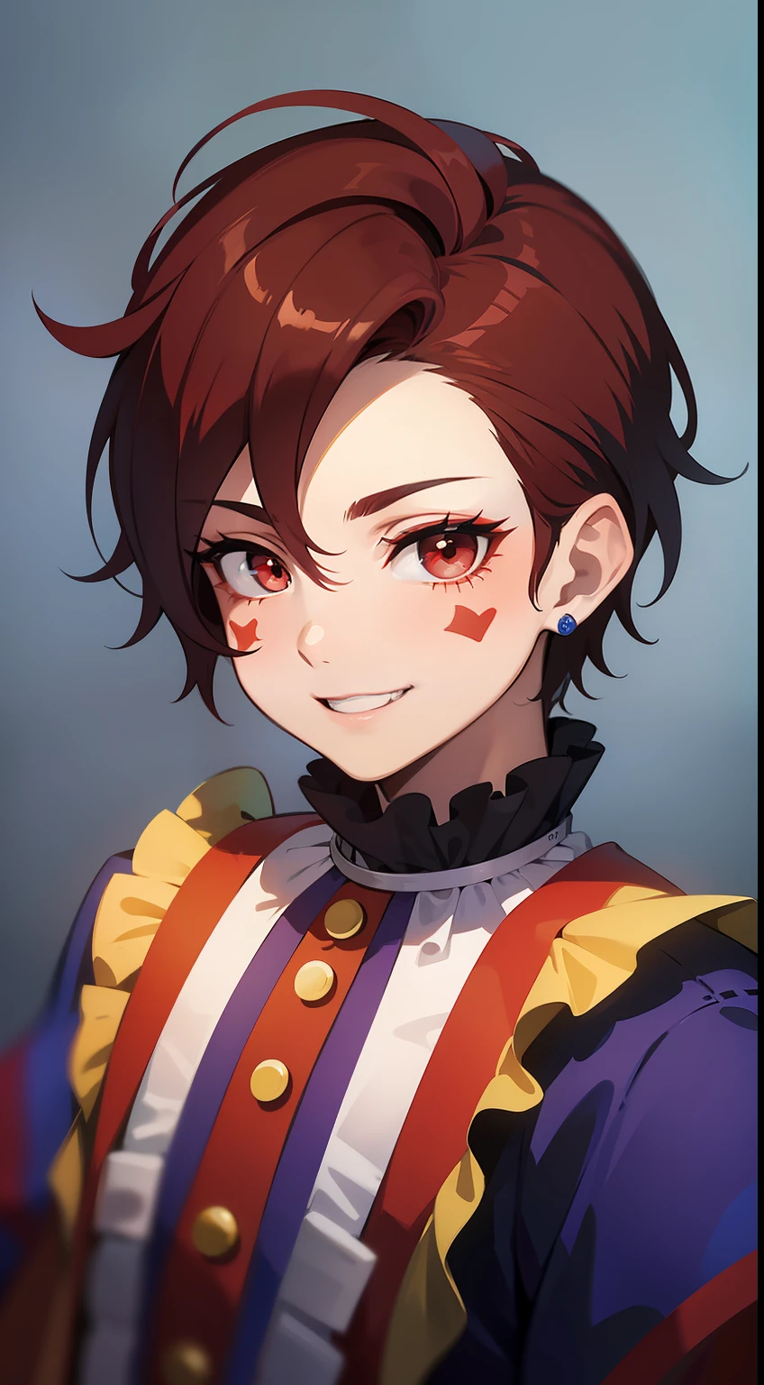 Young guy, short black or red hair, The eyes are red, The shape of the royal jester, ssmile, clown makeup, Masterpiece, hiquality