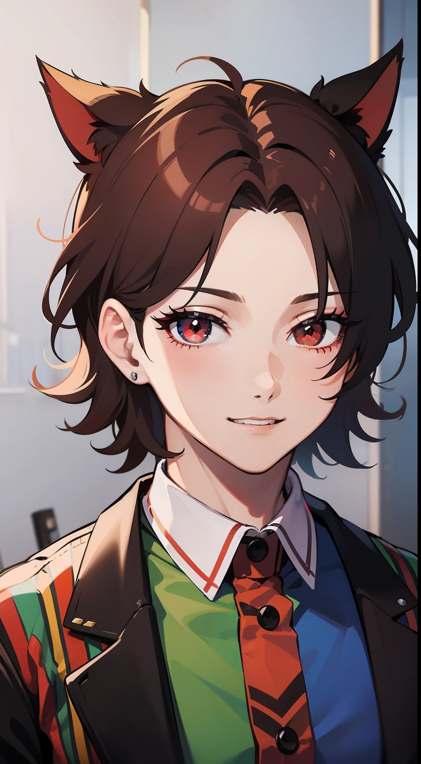 Young guy, short black or red hair, The eyes are red, The shape of the royal jester, ssmile, clown makeup, Masterpiece, hiquality