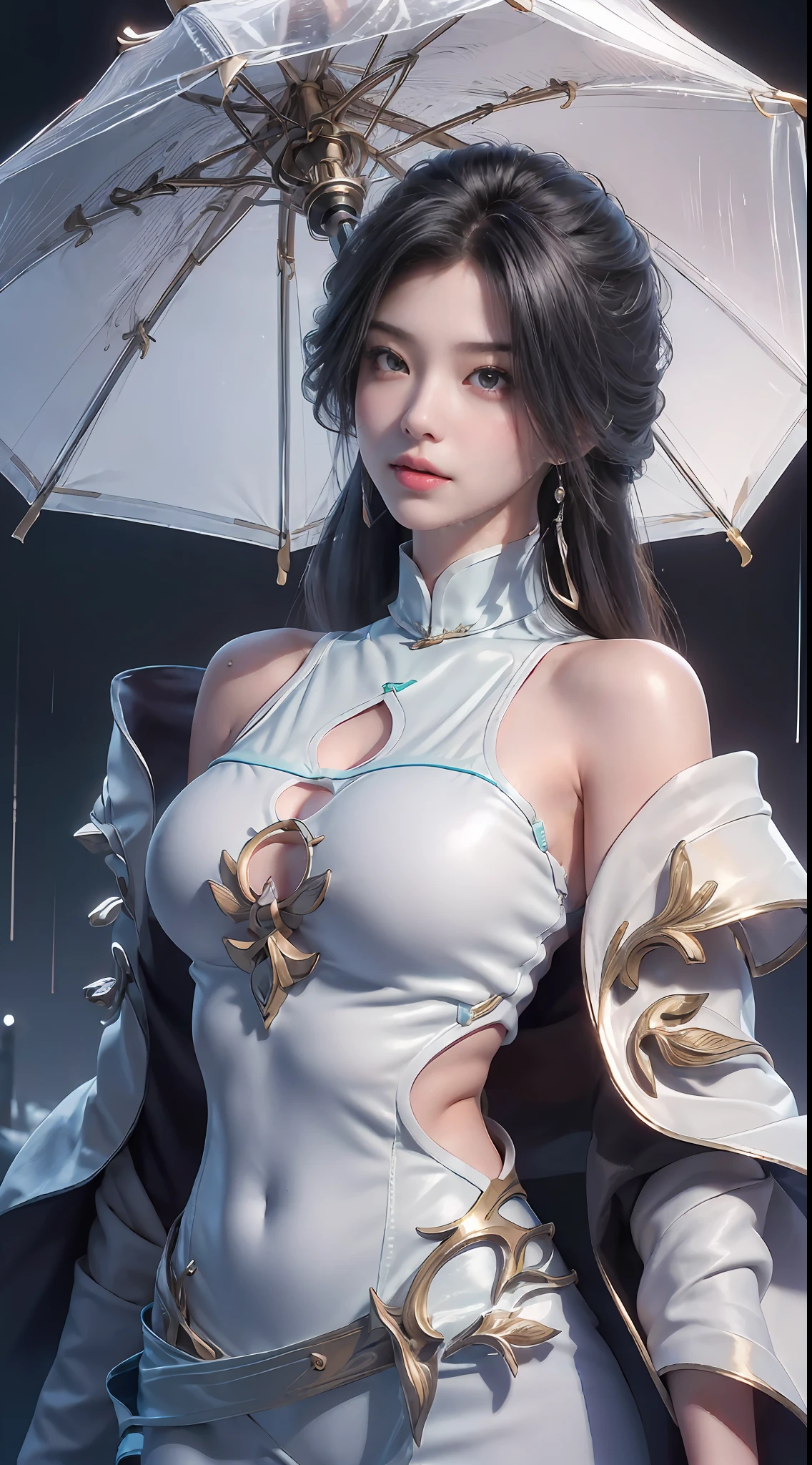 ((best qualtiy, 8k, tmasterpiece:1.3)), Focus:1.2, perfect figure beautiful woman:1.4, Cocked buttocks:1.2, ((Cut hair in layers, Beautiful breasts:1.2)), (wetclothes:1.1) , (Rain, Street:1.3), Bandeau Dress:1.1, Highly detailed facial and skin texture, A detailed eye, 二重まぶた，Whiten skin，long whitr hair,(Keep one's mouth shut:1.3)，ssmile，With an umbrella