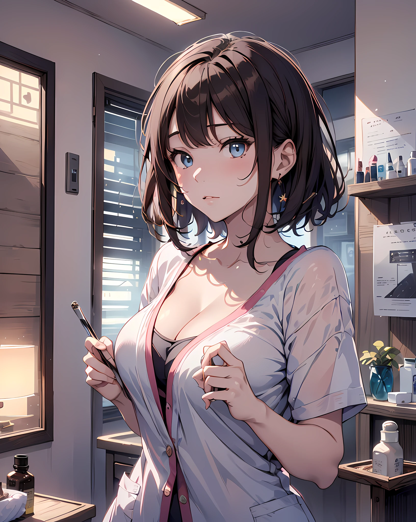 (masterpiece, best quality:1.37), highres, ultra-detailed, ultra-sharp, BREAK, (From Below:1.2), 1girl, (((girl on top,:1.3))) (leaning forward:1.3),
BREAK
Korean office queen, (((1girl:1.37, solo))), (beautiful anime face, cute face, detailed face), (brown hair, thin hair, short hair, bangs, hime-cut), detailed beautiful cyan eyes,
BREAK
short sleeve, (pink shirt dress), (esthetician uniforms:1.3), (cleavage cutout), (open shirt), (oil skin), (shiny skin),
BREAK
(Private esthetic room, in beauty salon, on bed:1.1),
(Many bottles of aroma oil:1.0),
(many brown towels:1.2),
BREAK
dark room, indirect lighting, (night:1.3),