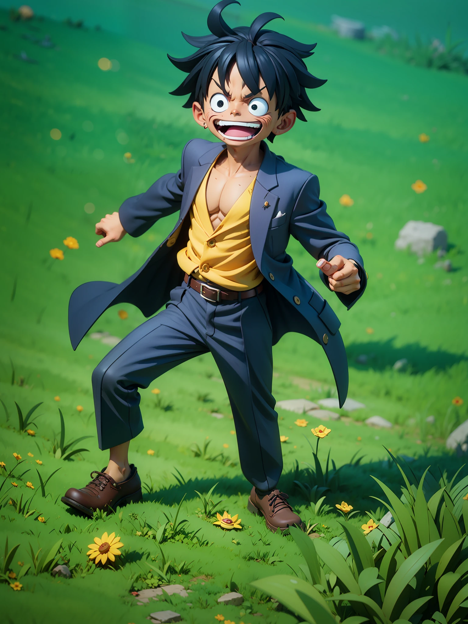 masterpiece, best quality, ultra-detailed, adult Luffy, 1boy, solo, Full body, smile, wearing suits, detailed face, day, full body, looking at viewer, male focus, open fields, grass, perfect hands, chibi style, figure, action figure