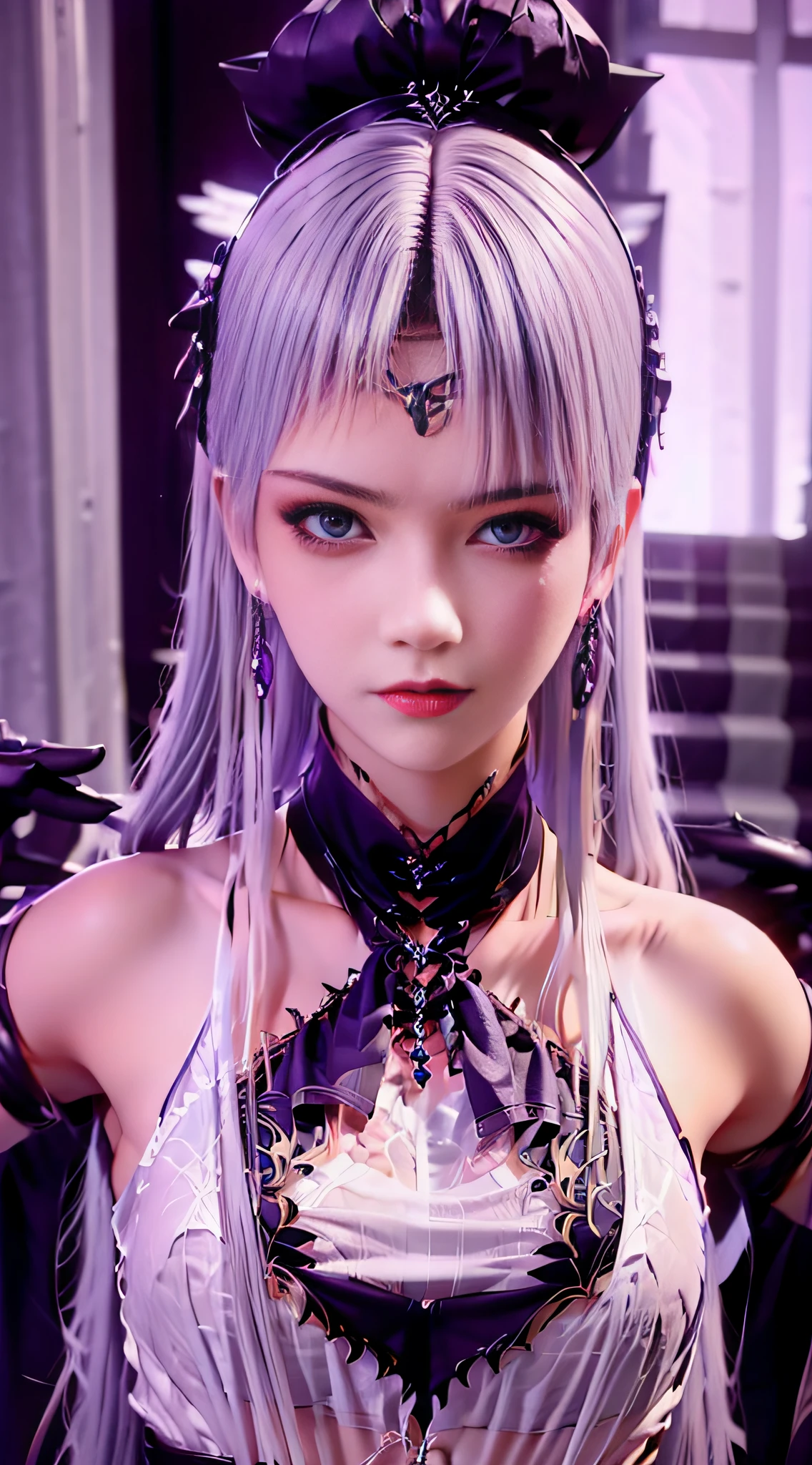 ((midynight, best qualtiy, 8K, tmasterpiece :1.3)), full bodyesbian, long leges, Sharp focus :1.2, A beautiful woman with a perfect figure :1.4, Slender abs :1.1, ((Purple hair, gigantic cleavage breasts :1.2)), (white tight t-shirt, Denim bib, standing on your feet:1.2), (nighttime scene, the roof:1.3)), Highly Detailed Face and Skin Textur, Fine Eye, 二重まぶた