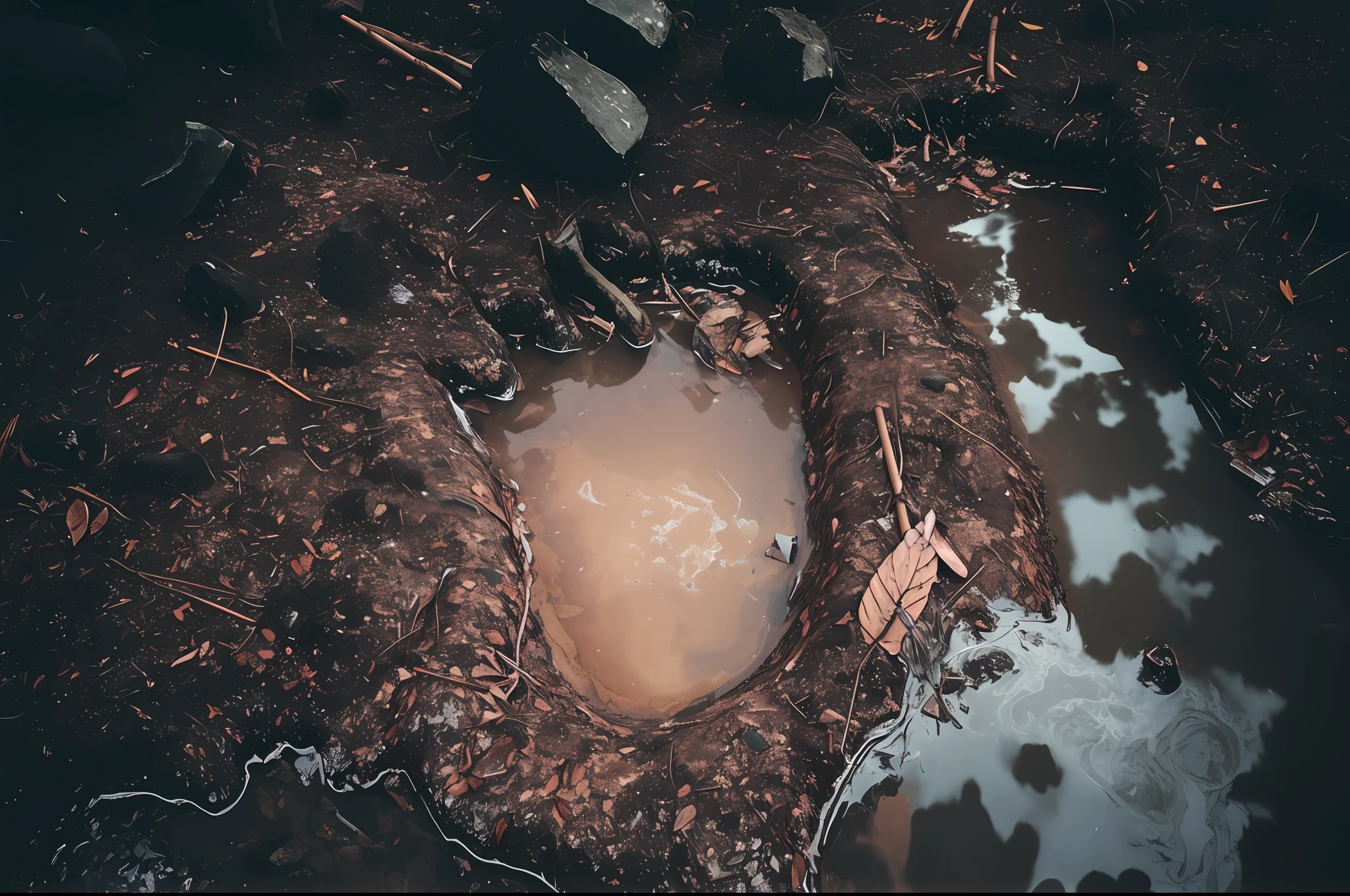 Arafed puddle of water in the middle of a muddy area, Wasserpfütze, Puddles of water on the ground, braunes Wasser, stagnant water, Puddle of water on the ground, Schmutziges Wasser, Wasserpfützen, Wasserflecken, Kot, Regenwasser-Reflexionen im Boden, alessio albi, schlammiger Boden, Pothorealistisch, Bärenpfoten