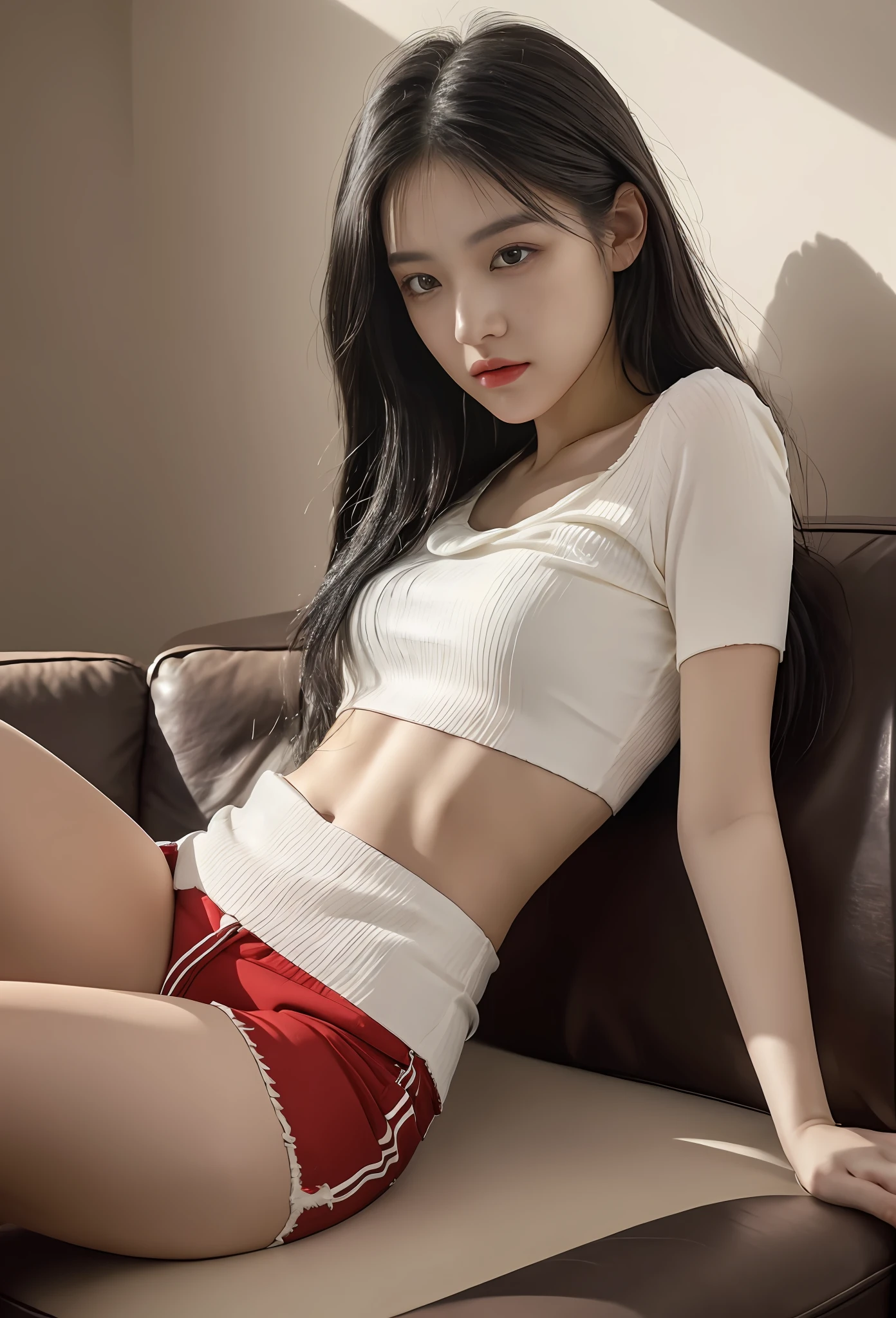 Ultra HD, masterpiece, highest resolution, highest detail, chiaroscuro, a young and beautiful woman, black hair, beautiful eyes, long eyelashes, human eye perspective, wearing a cream white top, red shorts, sitting on the sofa