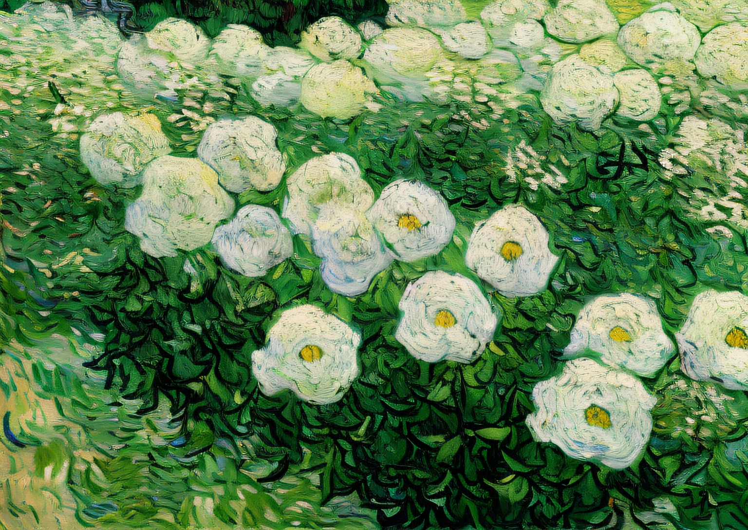 Draw white flowers on a green field，A bird flies by, vincent van gogh painting, author：Van Gogh, author：Vincent van Gogh, van gogh painting, author：highr, White flowers, flowers in foreground, White roses, post impressionist, Courtesy of the Ministry of Modern Art, year 1506, post impressionist, post impressionist