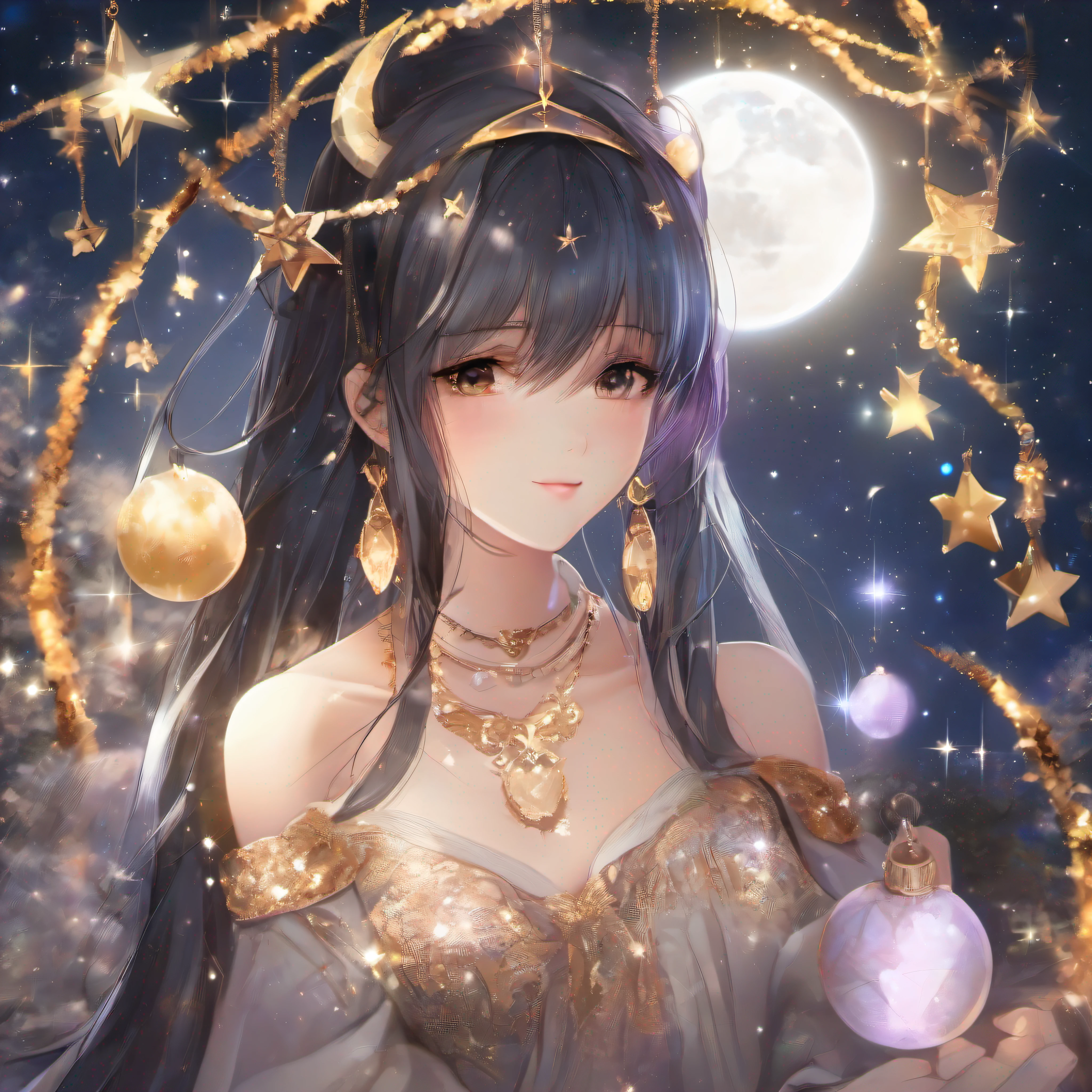 1girl,animal_ears,aurora,bare_shoulders,black_hair,brown_eyes,christmas_tree,constellation,crescent,crescent_moon,crown,detached_sleeves,earrings,earth_(planet),erune,fox_ears,fox_tail,galaxy,globe,jewelry,long_hair,milky_way,mole,moon,night,night_sky,off_shoulder,open_mouth,planet,saint_quartz_(fate),shooting_star,sky,solo,space,star_(sky),star_(symbol),star_earrings,star_hair_ornament,star_pasties,star_print,starfish,starry_background,starry_sky,starry_sky_print,tanabata,tanzaku,very_long_hair,wide_sleeves