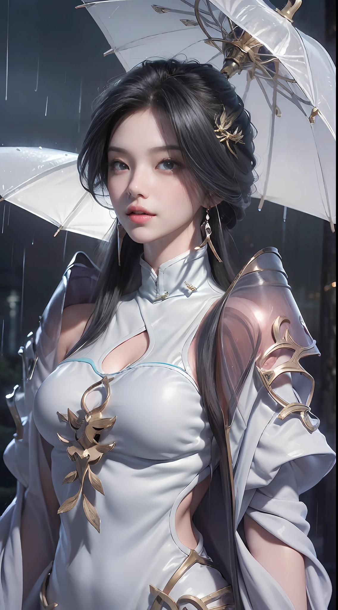 ((best qualtiy, 8k, tmasterpiece:1.3)), Focus:1.2, perfect figure beautiful woman:1.4, Cocked buttocks:1.2, ((Cut hair in layers, Beautiful breasts:1.2)), (wetclothes:1.1) , (Rain, Street:1.3), Bandeau Dress:1.1, Highly detailed facial and skin texture, A detailed eye, 二重まぶた,Whiten skin,long whitr hair,(Keep one's mouth shut:1.3),ssmile,With an umbrella