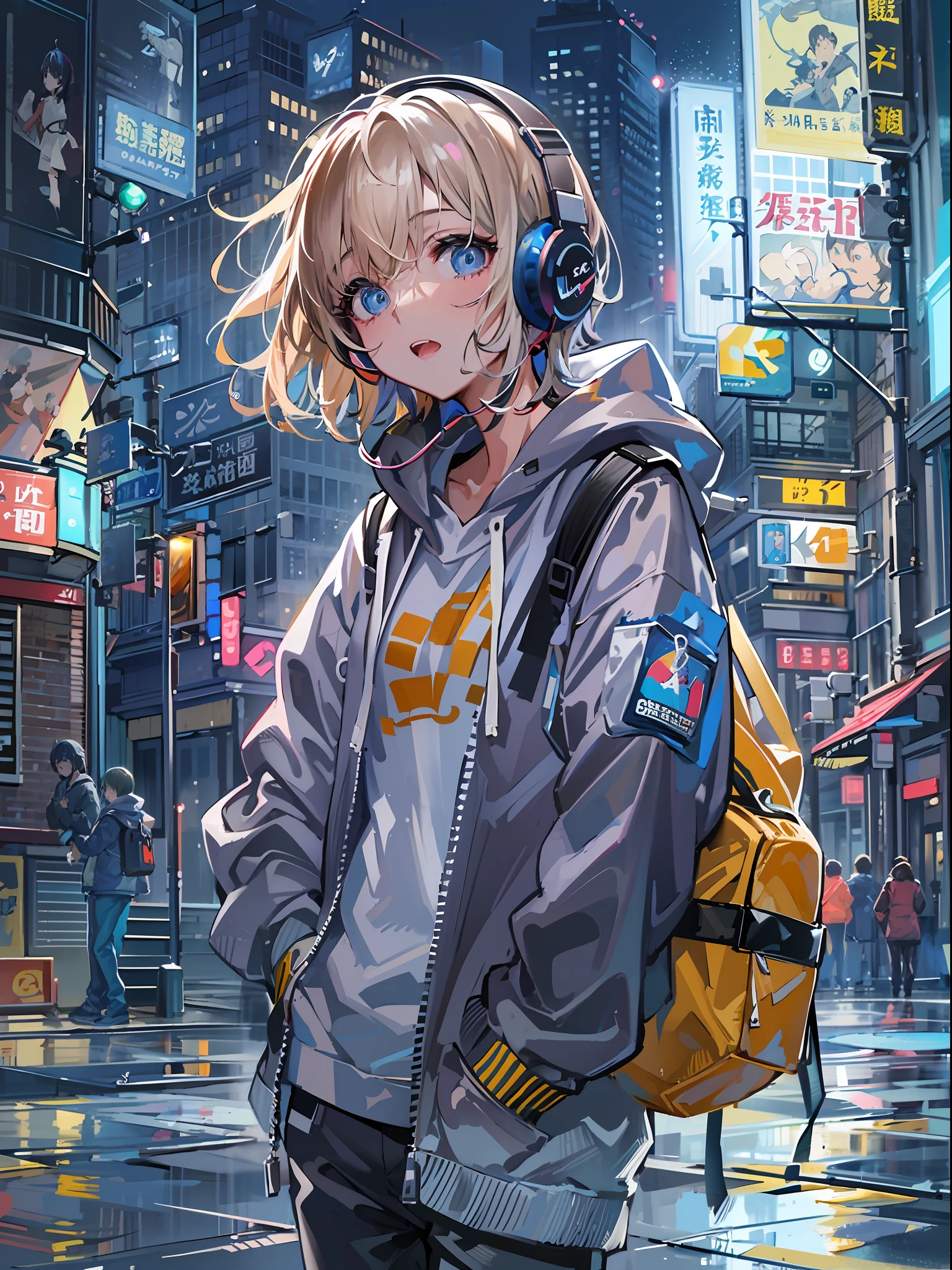 8K分辨率、((top-quality))、((​masterpiece))、((ultra-detailliert))、1 woman、独奏、incredibly absurdness、Oversized hoodies、headphones、Street、plein air、Sateen、neons、Shortcut Hair、Brightly colored eyes、Hands in pockets、shortpants、water dripping