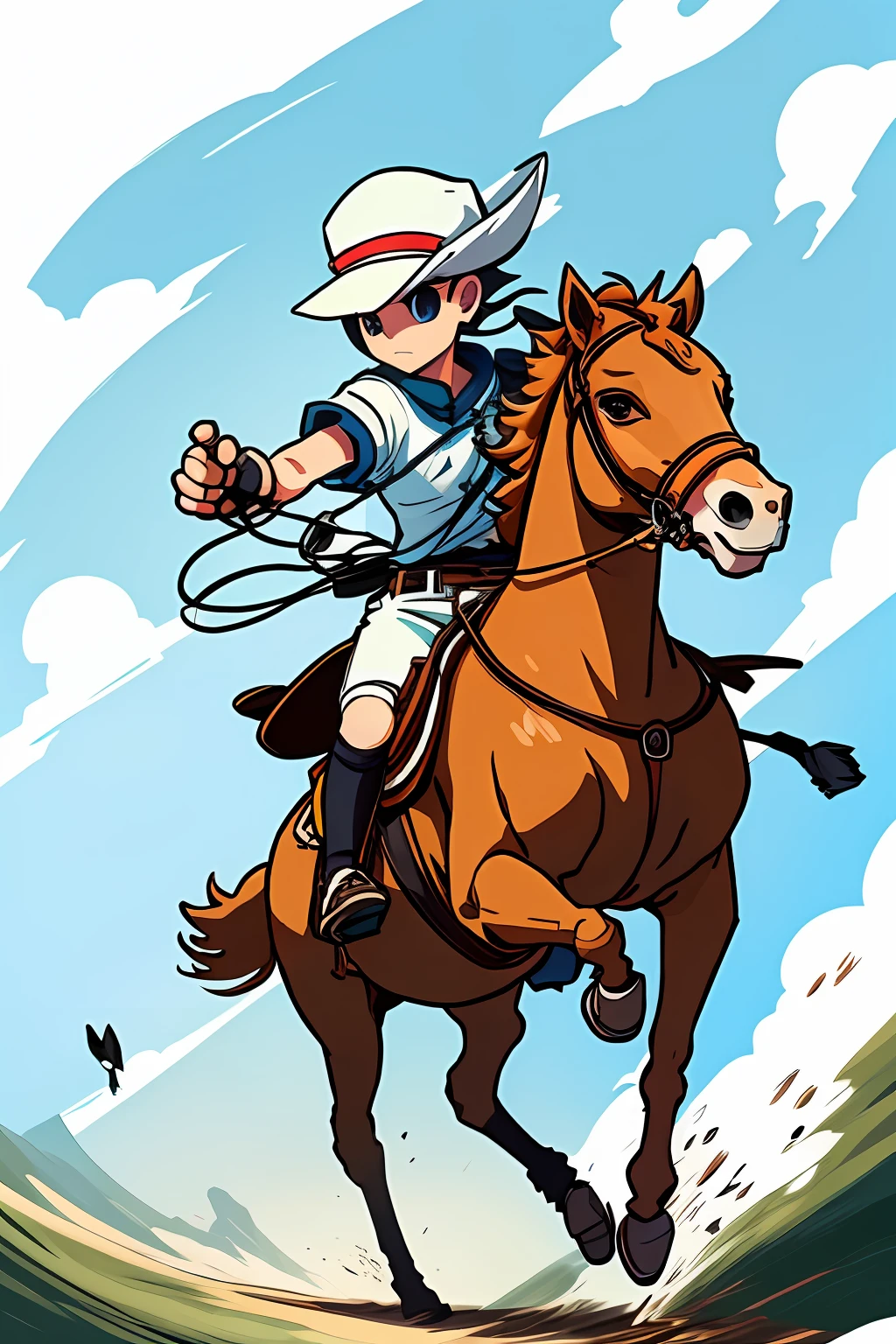 wearing hat,Gallop on horseback, Kizi，2 d anime style, hero 2 d fanart artsation, offcial art, flying anime esper, 2d anime, Kill Pull Kill illustration, style of jojolion cover art, An anime cover, the anime girl is running, Official artwork, clean and meticulous anime style, 2D art, 2 d art