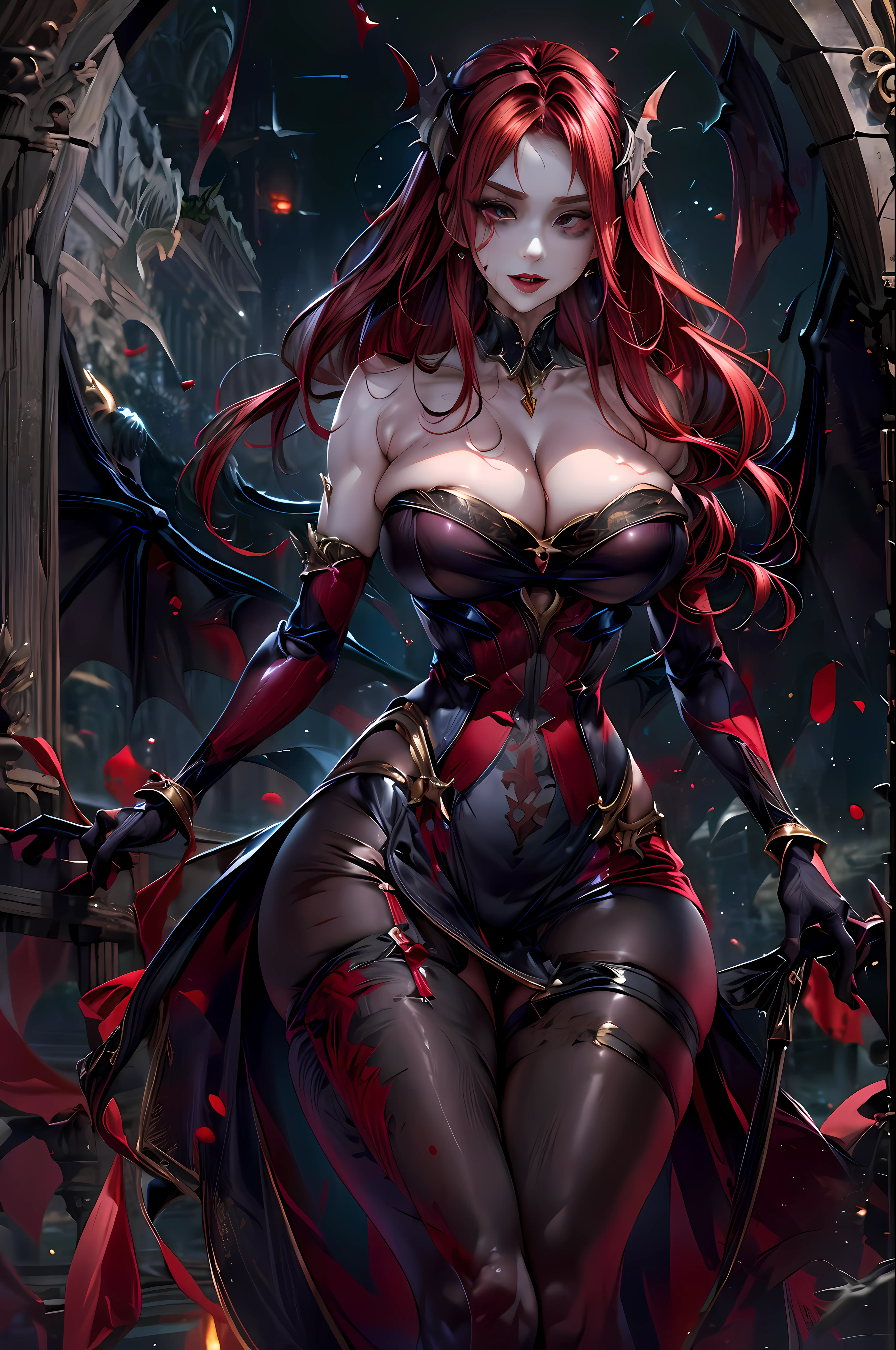 official art, masterpiece, sharp focus, Beautiful women, vampires, blood, big boobs, slim body, long legs, black hai, high details, ultra high details, moon background ,DemonicT,