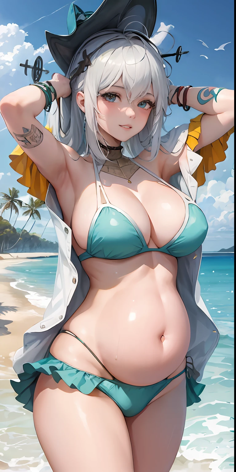(Masterpiece, Best quality:1.2), Shoot all over the body, cum shots, Summer, shot on the body, 1girll, Solo, Huge breasts, view the viewer, Smile, Short hair, White hair, bangs, Blue eyes, Pregnant women with, cleavage, Bare shoulders, nipple bump, White jacket, Milk drips all over the body, Open clothes, shairband, , grin, nakeness:1.3, sunglasses, eyewear on head, Tattooed with, white nails, beach, palmeiras