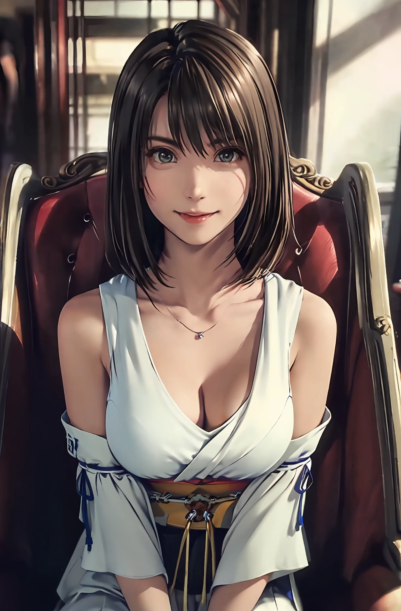 Fine-grained skin、Sharp Focus、(lighting like a movie)、Soft lighting、dynamic ungle、(Face Details:1.2)、large full breasts、(Photorealsitic)、(Raw photography、top-quality、​masterpiece:1.2)、The ultra-detailliert、超A high resolution、(Realistic and realistic photos:1.37)、portlate、high-definition RAW color photography、professional photograpy、extremely delicate and beautiful、ighly detailed、8K Picture Wallpaper、astonishing、finely detail、huge filesize、beatiful detailed eyes、二重まぶた、Dynamic lighting、very detailed beautiful girls、、1 girl in、(18year old:1.2)、Realistic body、小柄、fair white skin、shinny skin、Good figure、Natural face、(embarrassed from、full of shyness、A smile:1.2)、、Look at viewers:1.2、(Recumbent position、sface focus、cowboy  shot:1.2)、(dynamicposes:1.2) 、1girl in, 独奏, jewely, Detached sleeve, a necklace, blue-beaded earring, Hakama Skirt Pot、 超A high resolution、a picture、Photorealsitic、ighly detailed、A detailed face、Cute Woman Solo、the royal palace、 medium breasts⁩、(​masterpiece、hightquality)、looking at the viewers、gorgeous goddess、bob cuts、 Charming and、Charming and、dream-like、Royal cloak、((thick bangs))、cross-legs sitting、((Beautiful skin))、(sexy  pose)