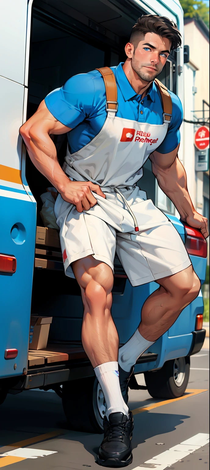 masterpiece, best quality, face, natural eyes, 1man, european, big feet, black socks, full body, large bulge, long legs, looking at viewer, 30 years old, muscled and mature, a delivery guy, a delivery guy holding a pizza, delivery guy uniform, short haircut, blue eyes, flush, organism, face covered with white fluids, sweating, tight cloth, erecting