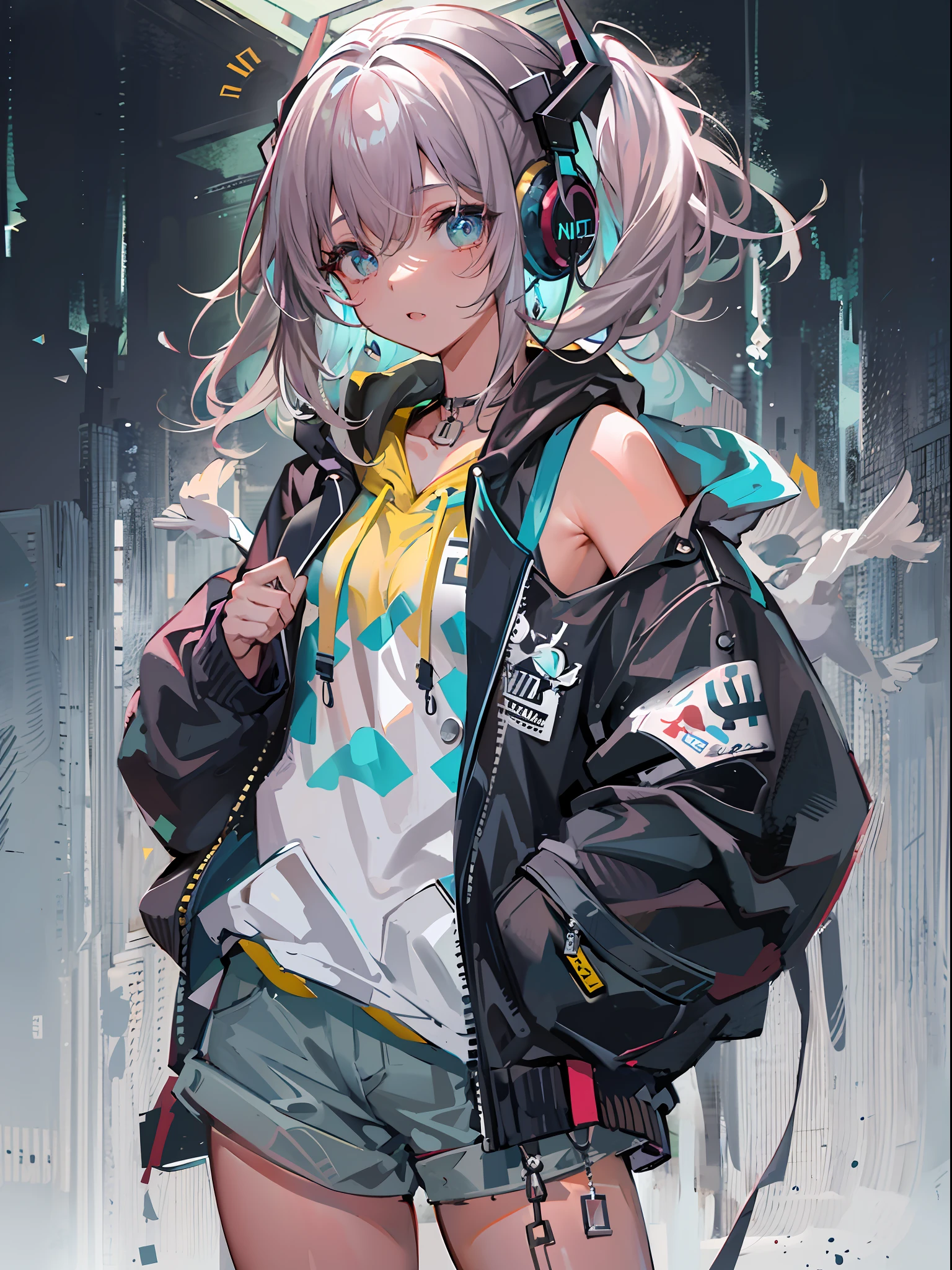 8K分辨率、((top-quality))、((masterpiece))、((ultra-detailliert))、1 woman、独奏、incredibly absurdness、Oversized hoodies、headphones、Street、plein air、Sateen、neons、Shortcut Hair、Brightly colored eyes、Hands in pockets、shortpants、water dripping