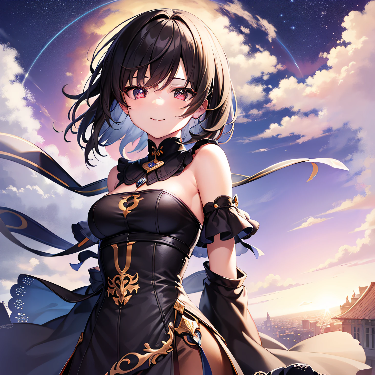 hyper detailed illustration ,superfine illustration, ((((​masterpiece)))), High quality, very_high_resolution, Large_filesize, fulcolor ,Very cute and beautiful girl,Very cute and beautiful anime face and eyes, Very delicate eyes,Female, 年轻,20 years old, Solo, ((1 girl)),Upper body only,(( Black short hair)), straggling hair ,Smile, ??????????????, enmaided,(roof-top), skyporn,tareme,nigh sky，nigh sky