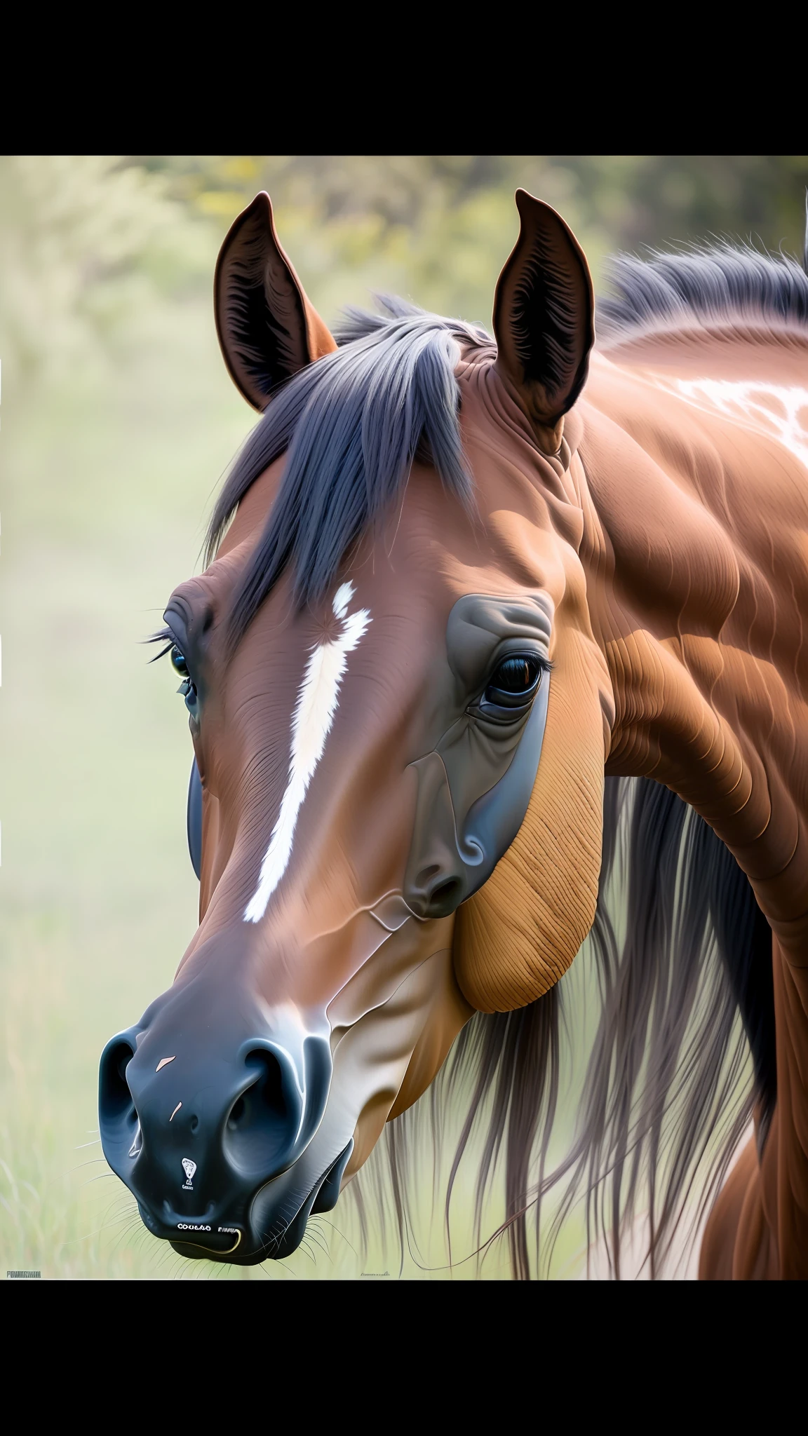 pintura de um cavalo com uma longa juba e um rosto marrom,  Fotorrealismo detalhes impressionantes e ricos