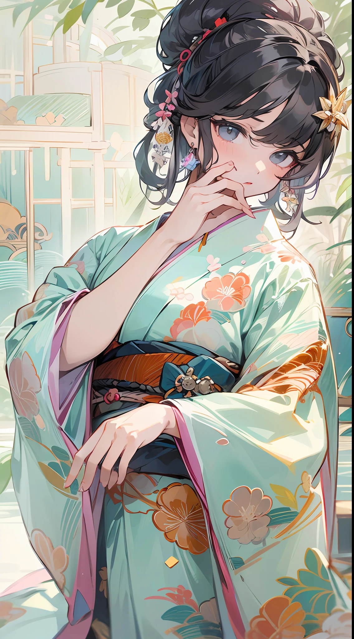 (Masterpiece, Top quality, Best quality, offcial art, Beautiful indulgence: 1.2), (Japanese dress), arms back behind, (Upper body only), (1 girl: 1.3), Japan Woman, Very detailed, Colorful, best detail ((Super detailed)), (Very detailed 2DCG illustration), (((Very delicate and beautiful)) (Seated), Expressionless, Black hair, kanzashi, Earrings --auto --s2