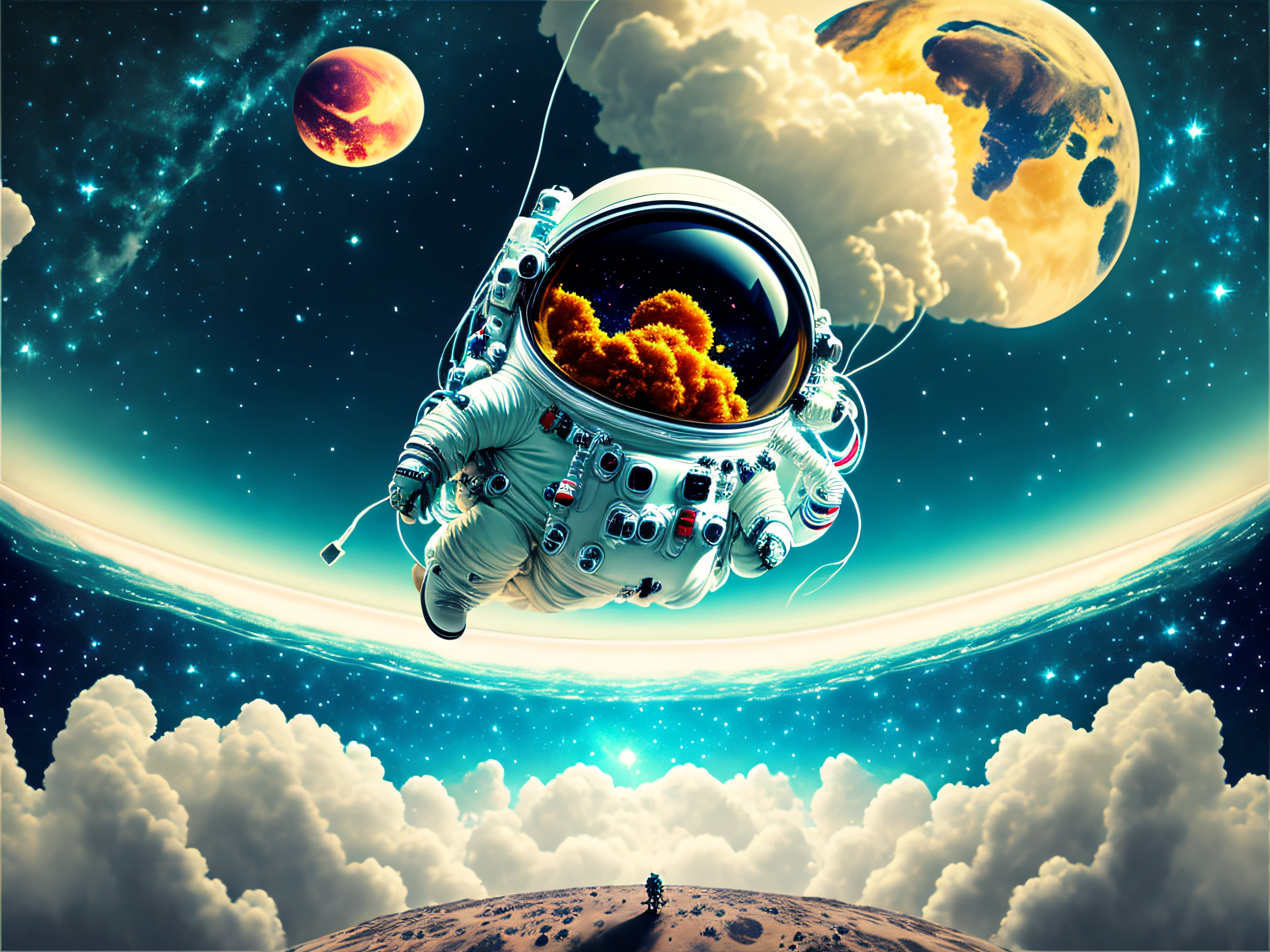 An astronaut in a spacesuit floats above Earth and holding a {{{RADIO}}}!!