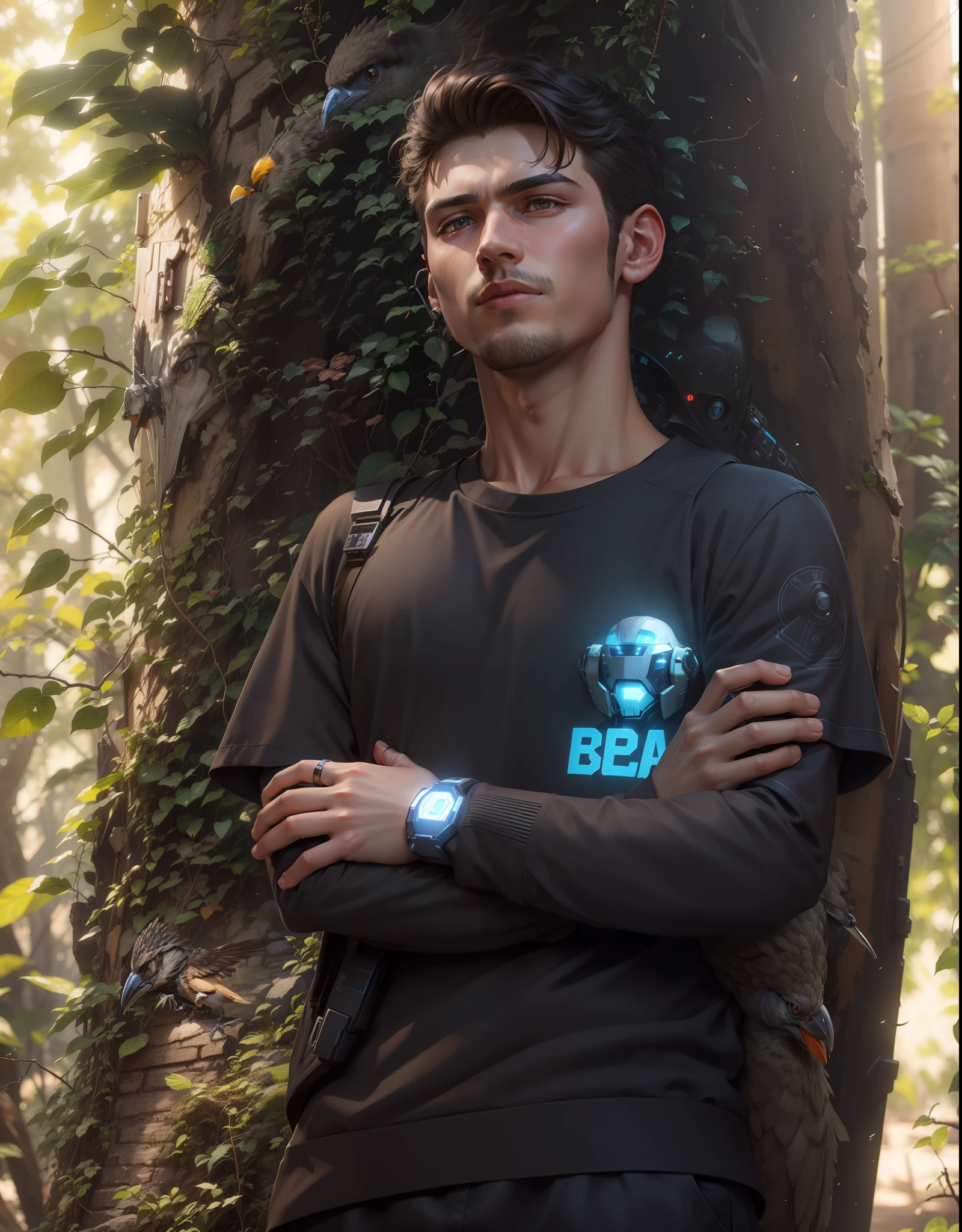 Realistic background, handsome boy, robotic line on hand and face , realistic face , 8k quality, with robot bird on shoulder.