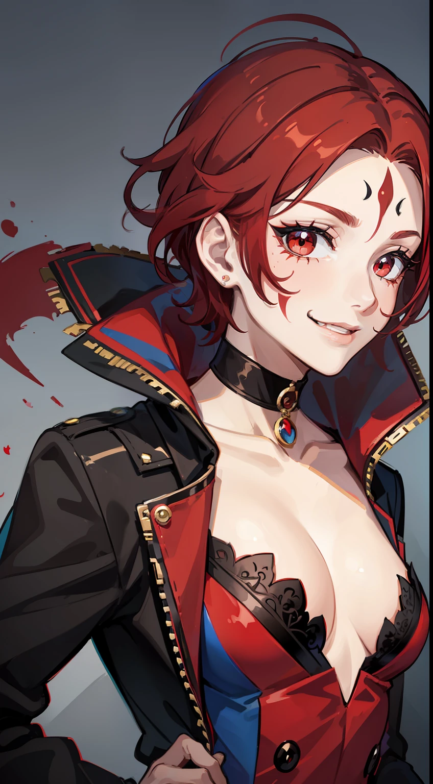 Young guy, short black or red hair, The eyes are red, The shape of the royal jester, ssmile, clown makeup, Masterpiece, hiquality