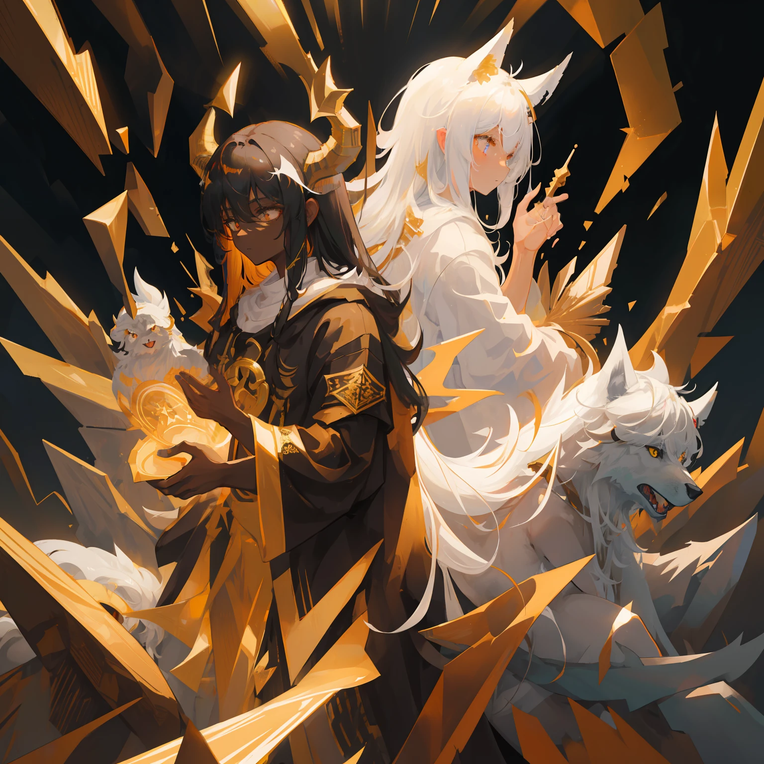 masterpiece, best quality, (black male:1.3),(glowing-white-eyes:1.1) white long hair fading into black, golden runes on the body, dragon features, horns, tan skin, caramel skin, a wolf companion