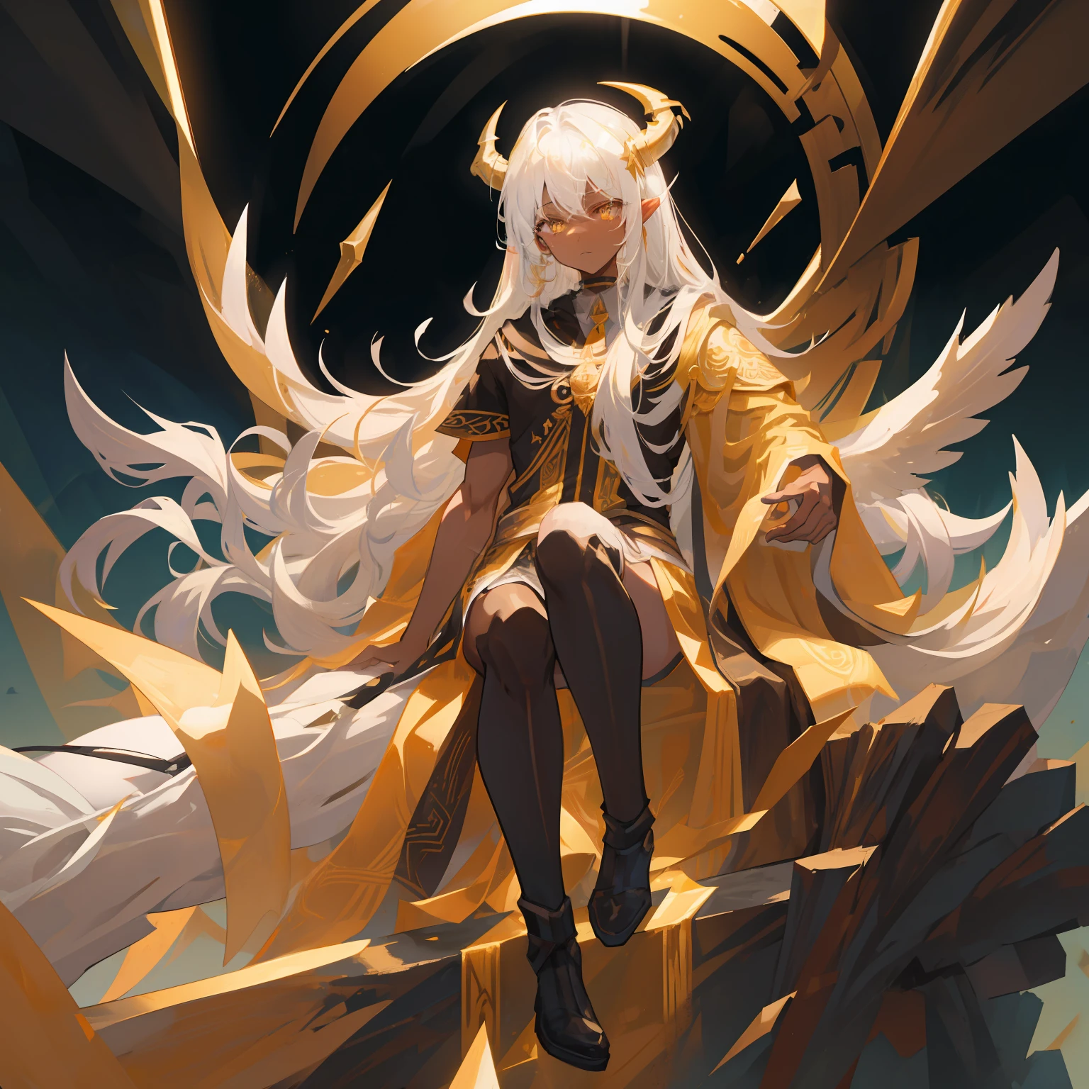 masterpiece, best quality, (black male:1.3),(glowing-white-eyes:1.1) white long hair fading into black, golden runes on the body, dragon features, horns, tan skin, caramel skin, a wolf companion