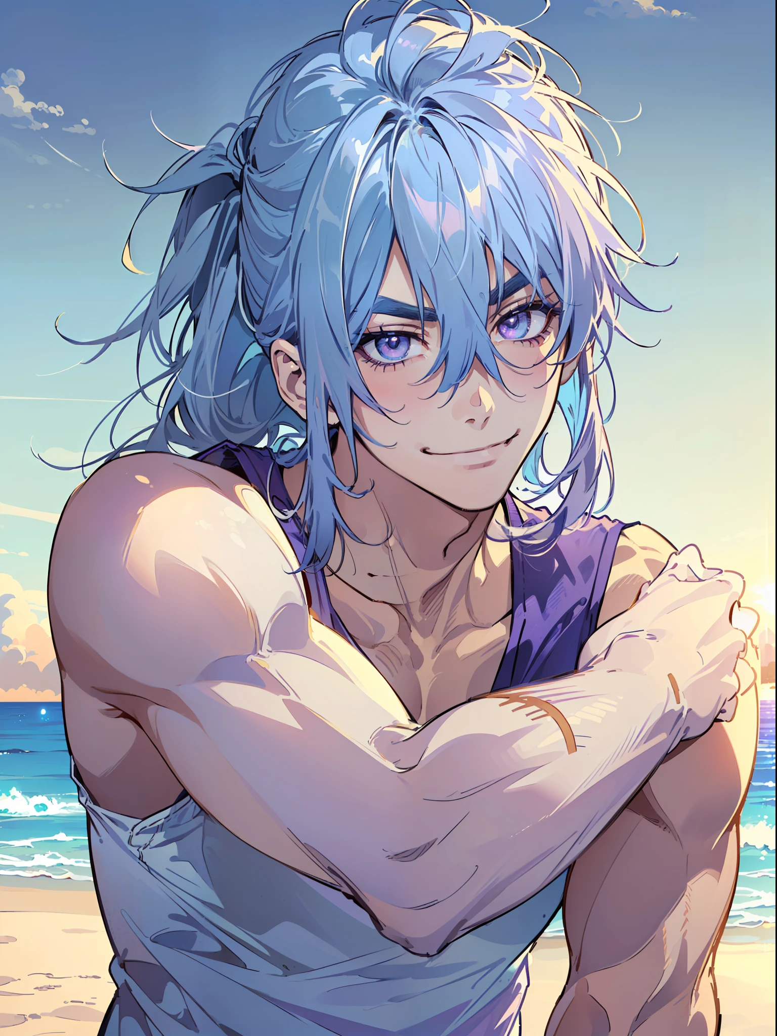 ((highest quality, masterpiece, 4k, finely detailed, detailed eyes, detailed face, intricate details, pixiv, gelbooru, warm colors, beach city background, blue sky, a few clouds, sunny)), (((solo, 1boy, male, mature, masculine, handsome, slight muscles, Kanan_Matsuura_(Love_Live_Sunshine))), (((high ponytail, dark blue hair, light purple eye color, gentle eyes))), (((male briefs, tight tanktop))), (((crossing arms, looking at viewer, cocky expression, extremely smug smile, smirking, eyebrows furrowed)))