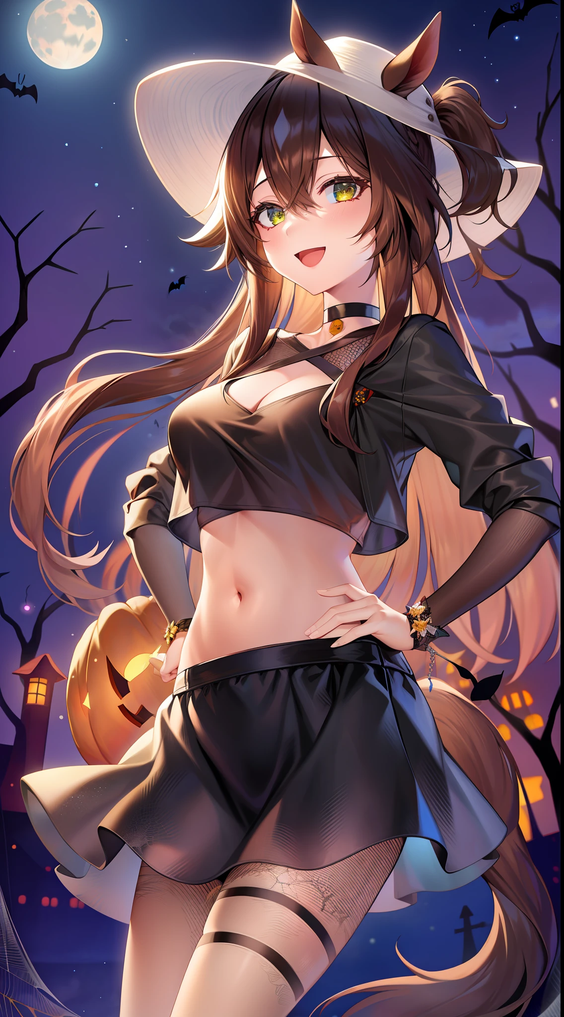 (((masterpiece, best quality, high resolution))),
1girl, solo, moon, tail, night, horse tail, full moon, hand on hip, fishnets, navel, skirt, silk, spider web, looking at viewer, outdoors, bug, halloween, pantyhose, ponytail, black skirt, choker, tree, open mouth, smile, long sleeves, bare tree, black choker, fishnet pantyhose, midriff, medium breasts, jack-o'-lantern, night sky, butterfly, standing, alternate costume, sky, stomach, cowboy shot, cleavage, crop top, black shirt, halloween costume, :d