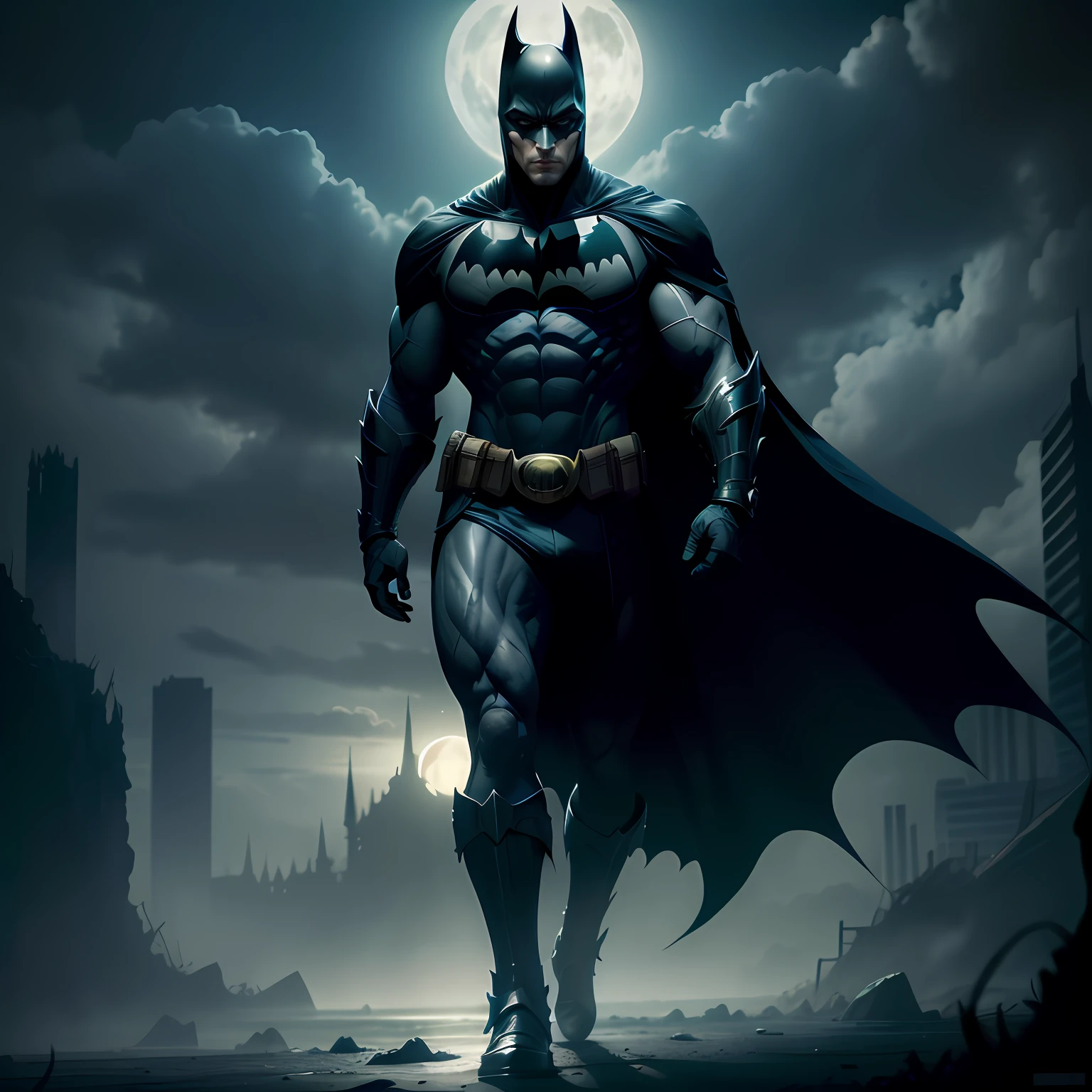 Batman from the Dark Knight stands in the lost Gothic city. Moonlight emphasizes muscles. Lush and mysterious scenery with futuristic technology and environment. The camera has every detail, the warrior woman is right in front of him.