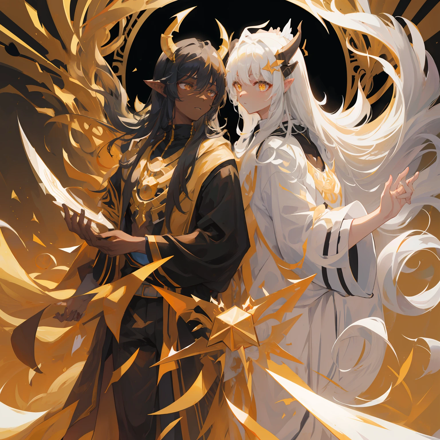 masterpiece, best quality, (black male:1.3),(glowing-white-eyes:1.1) white long hair fading into black, golden runes on the body, dragon features, horns, tan skin, caramel skin, a wolf companion