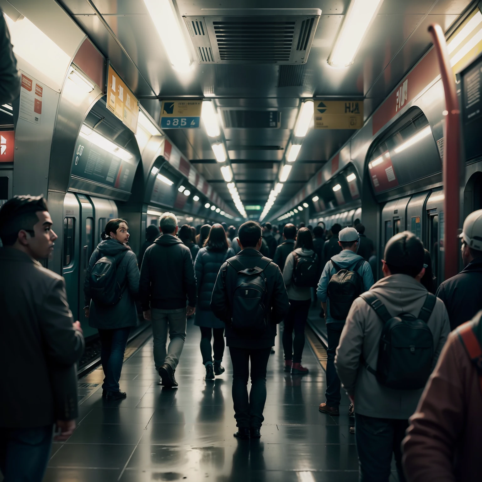 Crowded metro station, with several people rushing to catch the train, cinematic lights, fotorrealismo, foco em uma jovem olhando para o espectador, olhar de estresse e cansada, uma imagem que retrata a rotina nas grandes cidades, High resolution rich in detail
