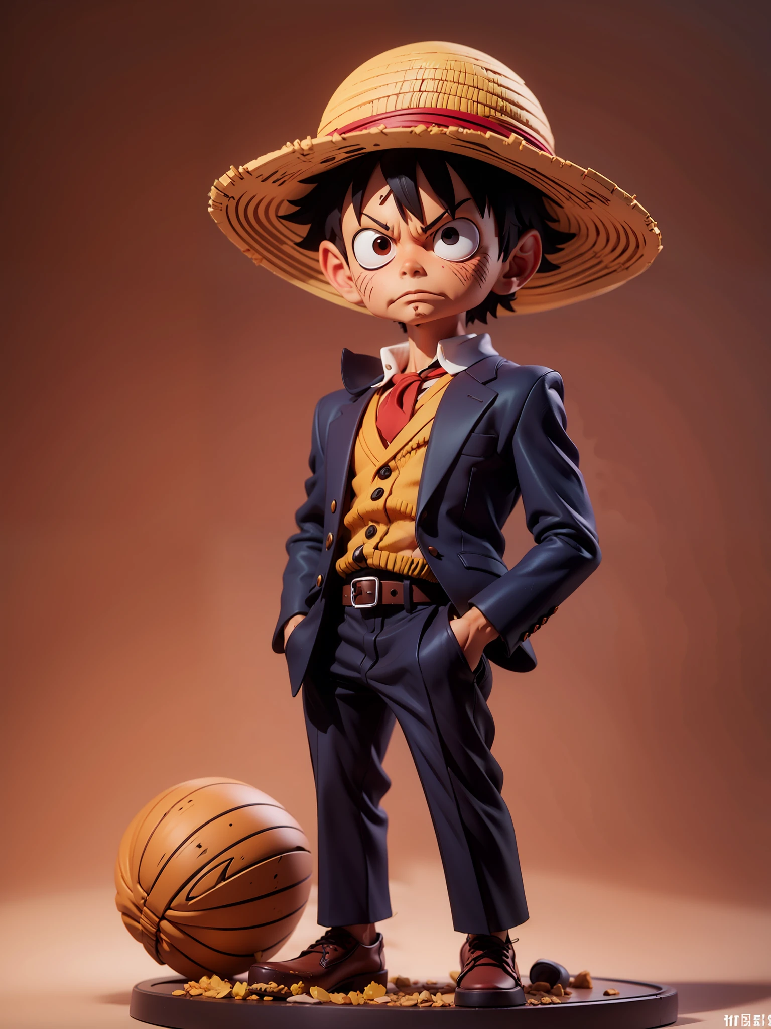 masterpiece, best quality, ultra-detailed, adult Luffy, 1boy, solo, Full body, wearing suits, detailed face, day, full body, looking at viewer, male focus, perfect hands, chibi style, figure, action figure