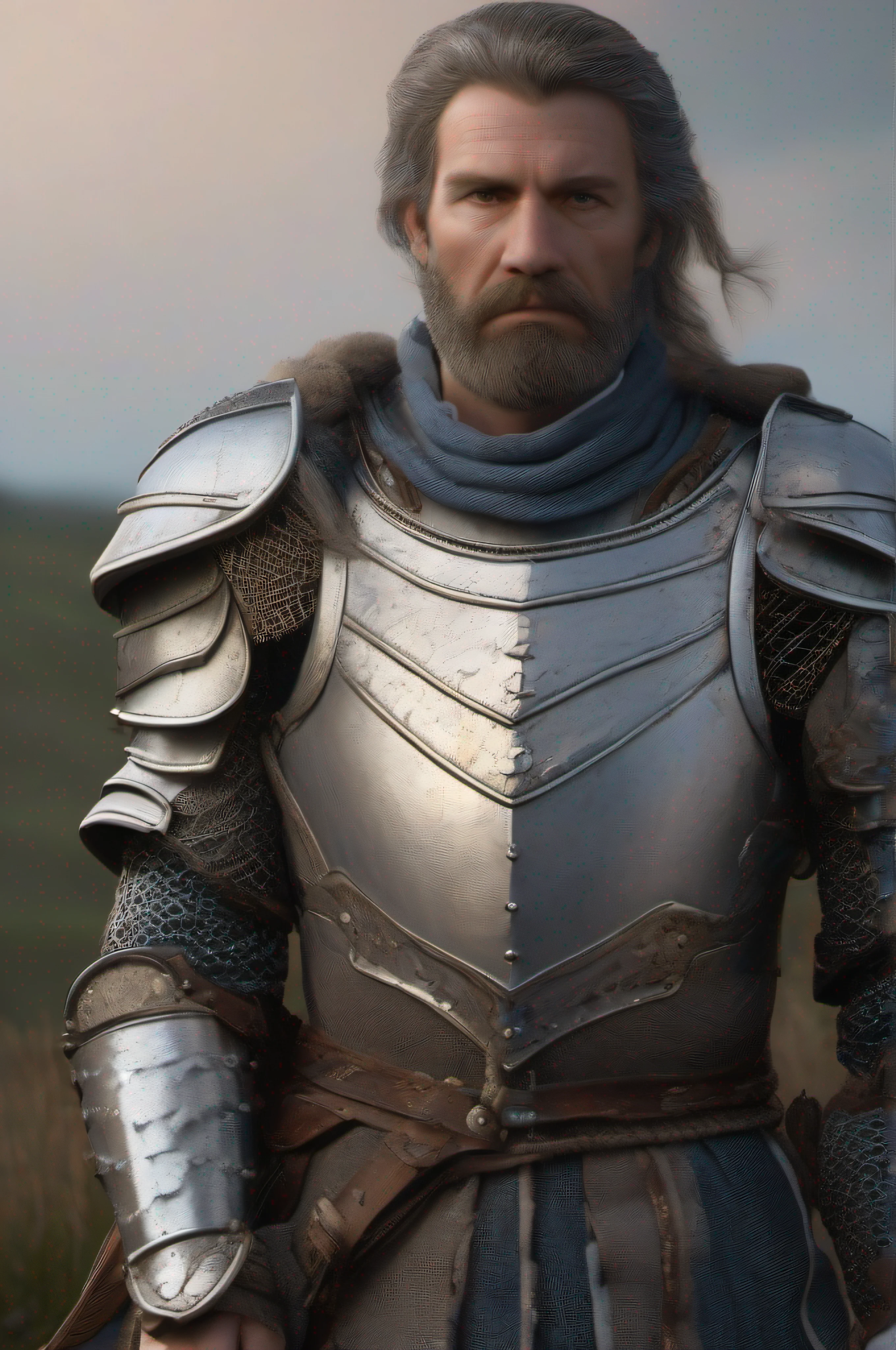 photorealistic, top quality, masterpiece, cinematic composition, slow motion, (medium shot of a medieval knight, sombre and weathered face, beard, grey hair:1.2), chain mail and plate armour, (realistic and detailed|intricate armour:1.1), (visible face:1.3), (photorealistic physiognomy|eyes|iris|skin|musculature, detailed skin, skin texture, natural skin), (holding a sword in his hand:1. 2), frontal perspective, imposing and determined pose, looking forward with determination, skin imperfections, natural skin wrinkles, natural skin spots, highly detailed clothes, abundant details, intricate details, realistic wrinkles in clothing, medieval fantasy landscape, cloudy sky, castle in the background in the distance, radiant lighting, deep shadows, dramatic scene, dark and cool colour palette, blue and grey tones, No other characters in the scene, abundant detail|intricate, detailed landscape, volumetric lighting, (detailed lighting), (detailed light reflections on armour:1. 1), 8k, highly detailed, UHD, HDR, photorealistic facial expression|hairstyle